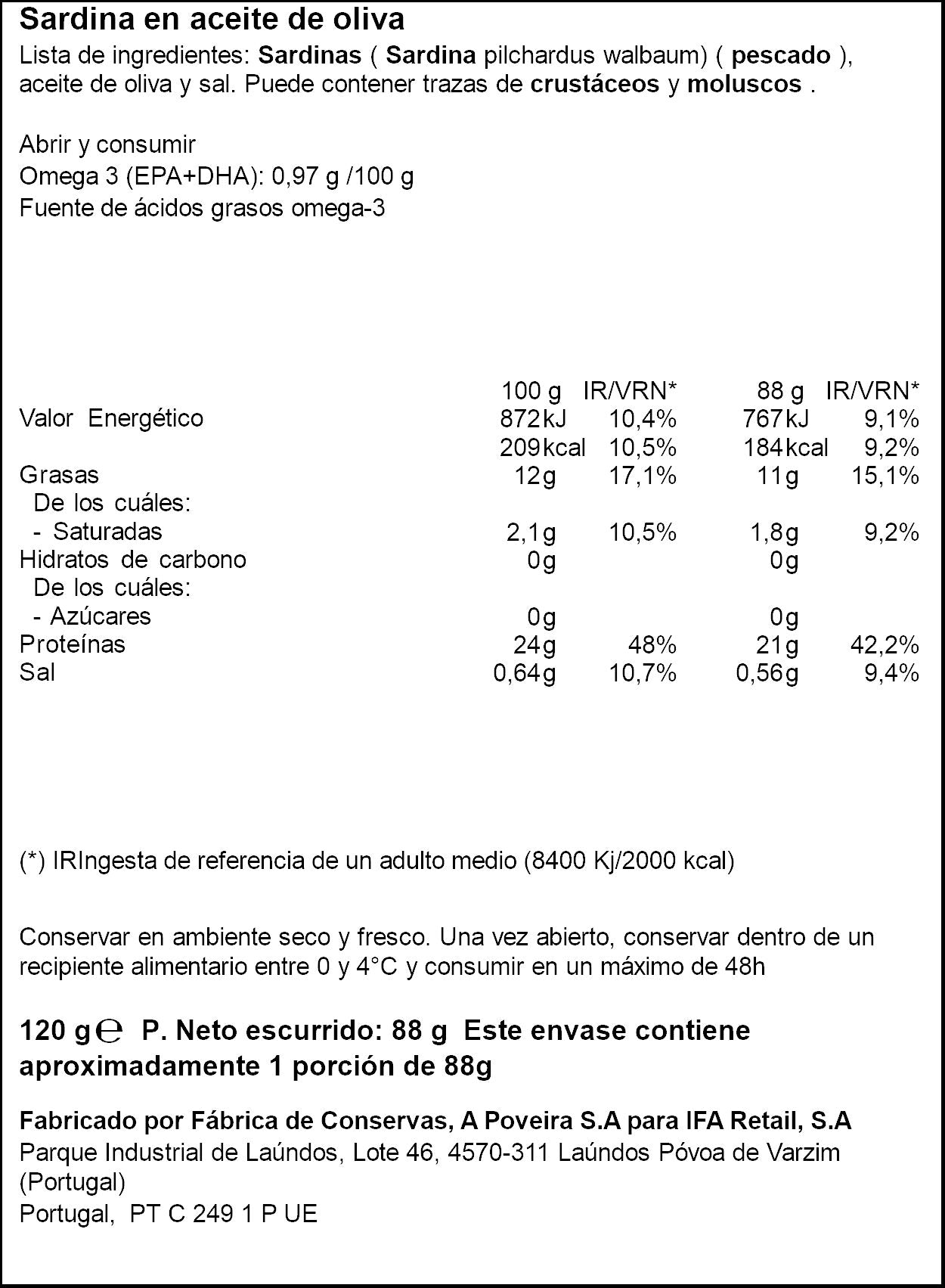 Sardina aceite oliva rr-125 Ifa eliges 88g escurr
