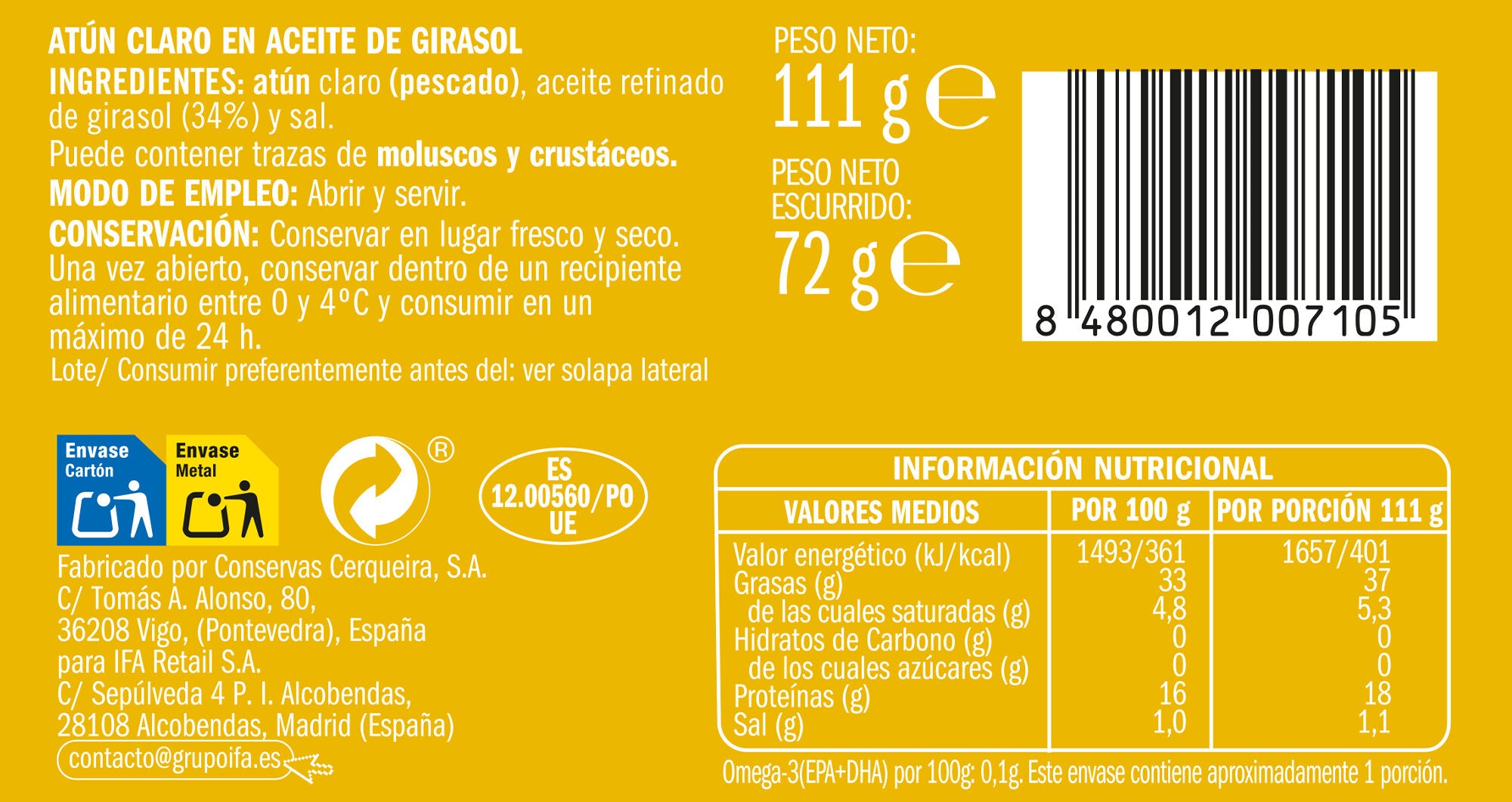 Atun claro aceite vegetal lata Ifa eliges 72g escurr