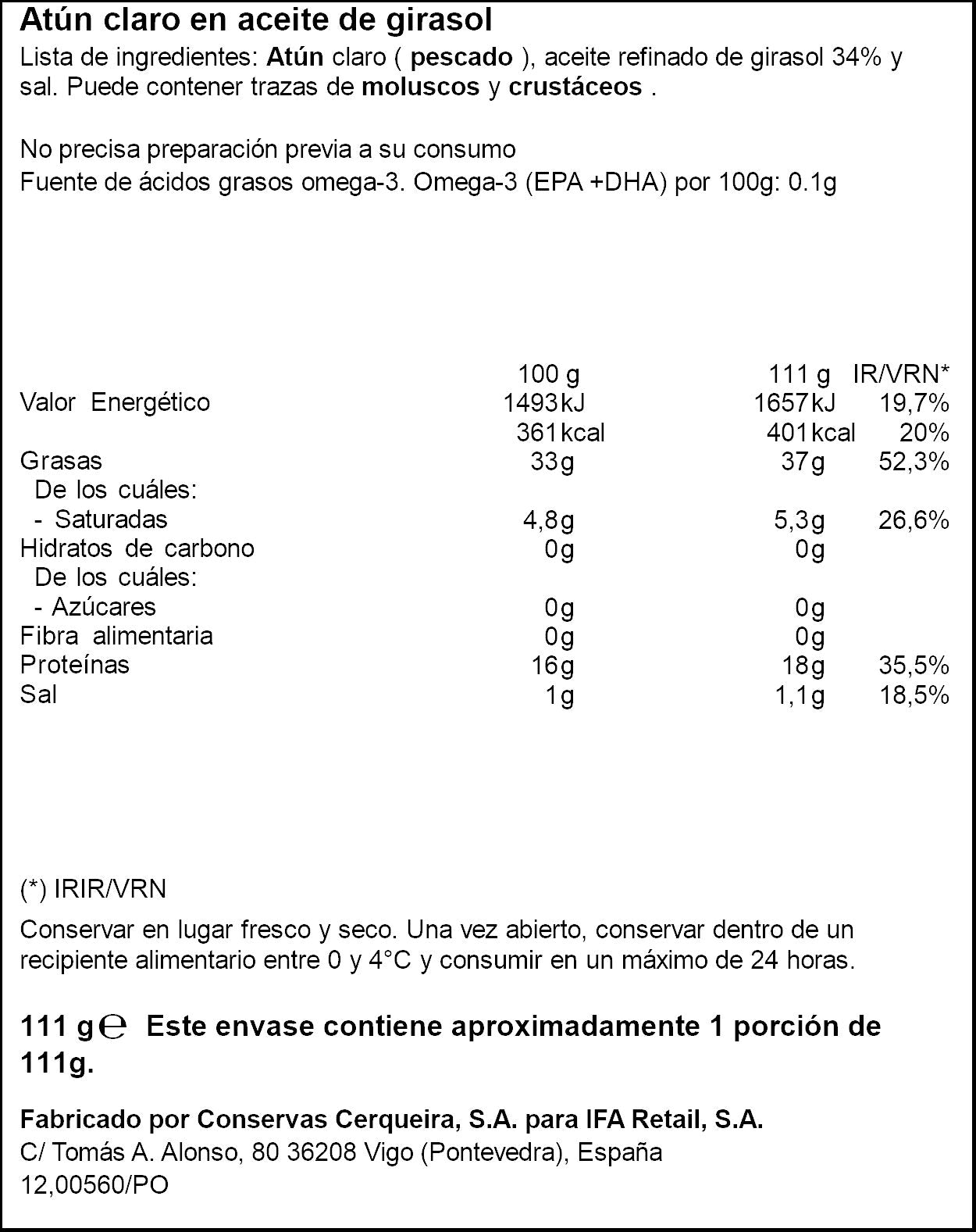 Atun claro aceite vegetal lata Ifa eliges 72g escurr