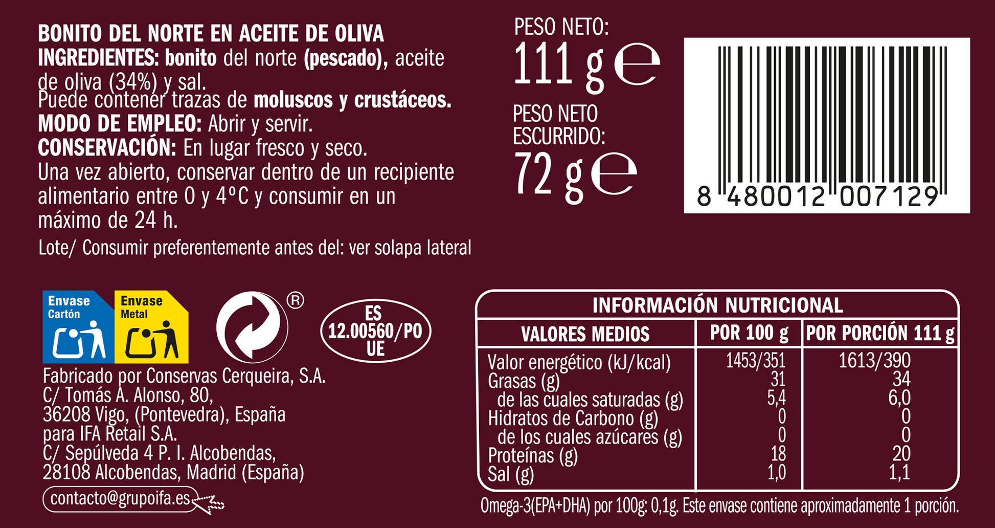 Bonito aceite oliva Ifa eliges 72g escurr