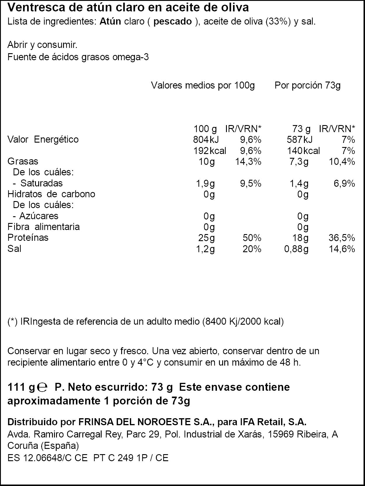 Ventresca atun claro acite oliva ol120 Ifa eliges 73g escurr