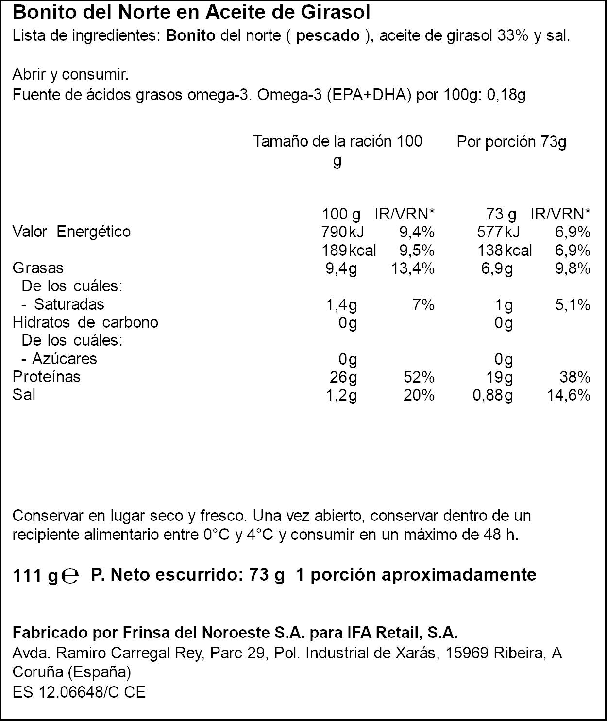 Bonito del norte aceite girasol ol120 Ifa eliges 72g escurr