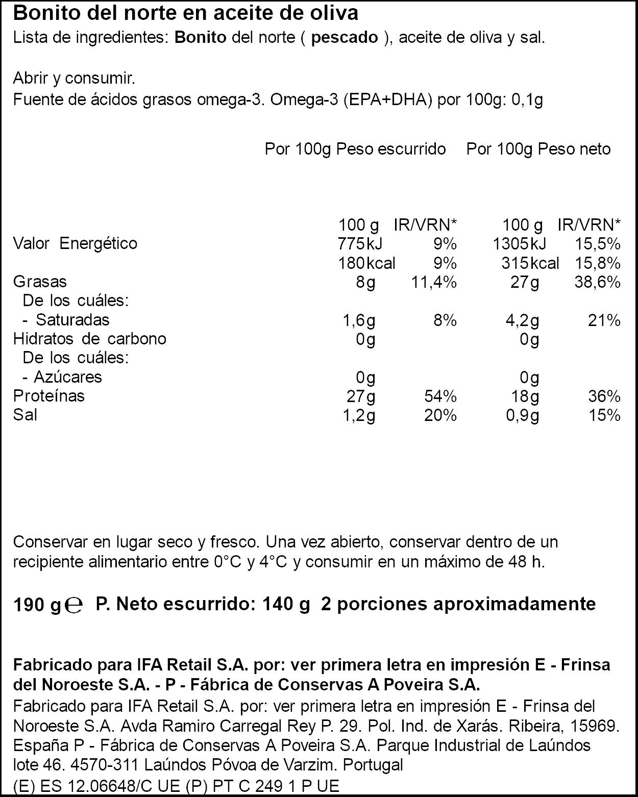 Bonito norte aceite oliva cristal Ifa eliges 140g escurr
