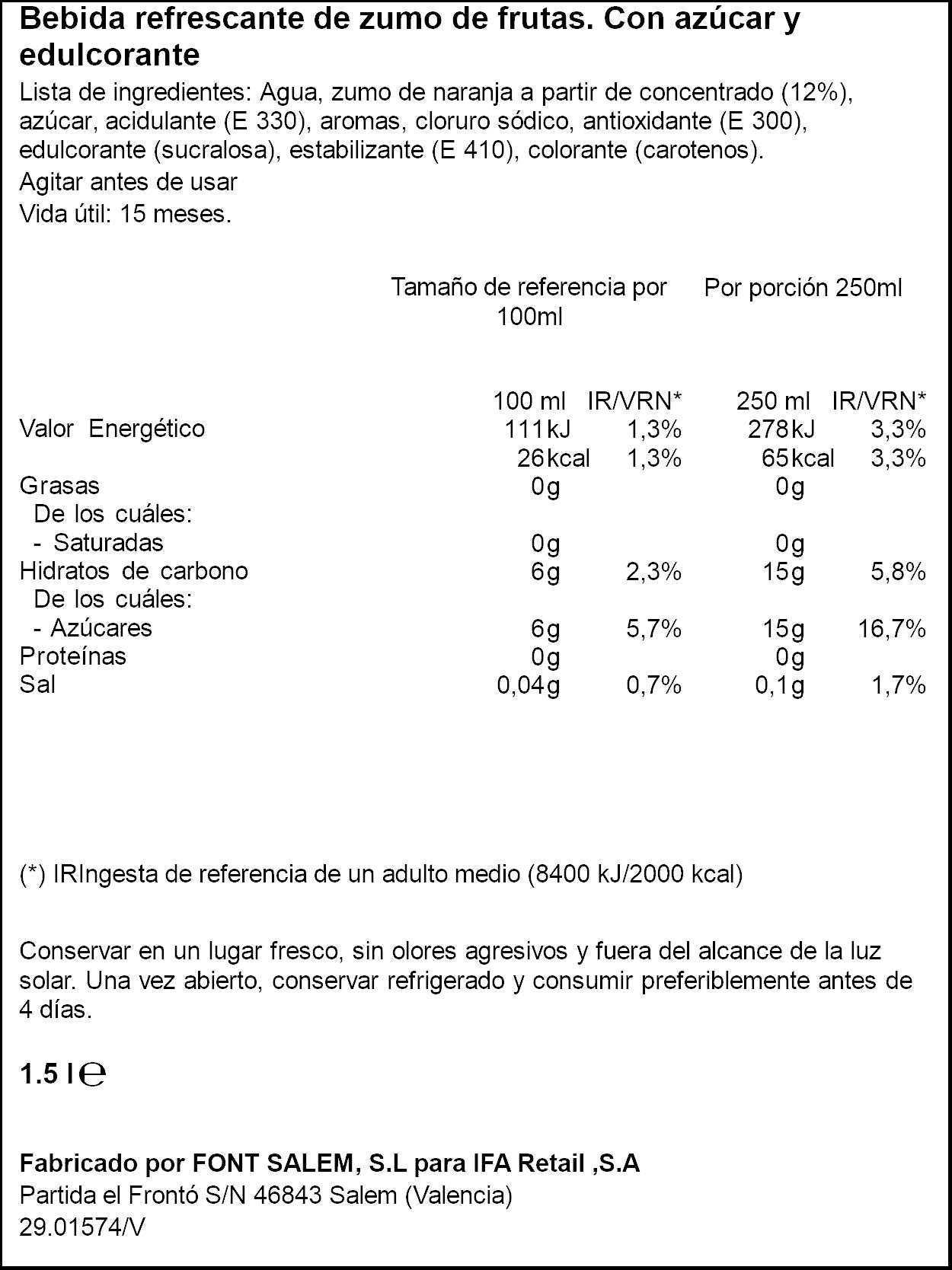 Refresco naranja s/gas Ifa eliges 1.5l