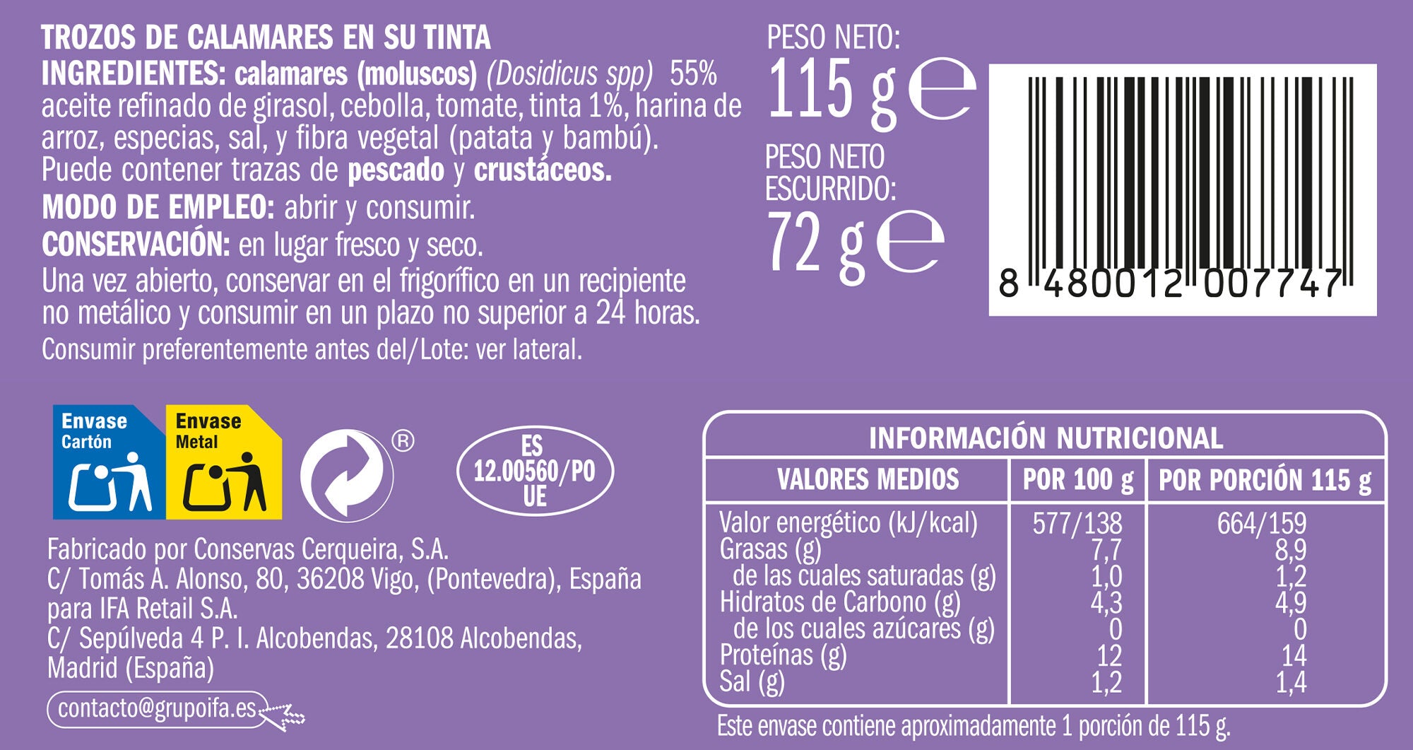 Calamar en su tinta lata Ifa eliges 72g escurr