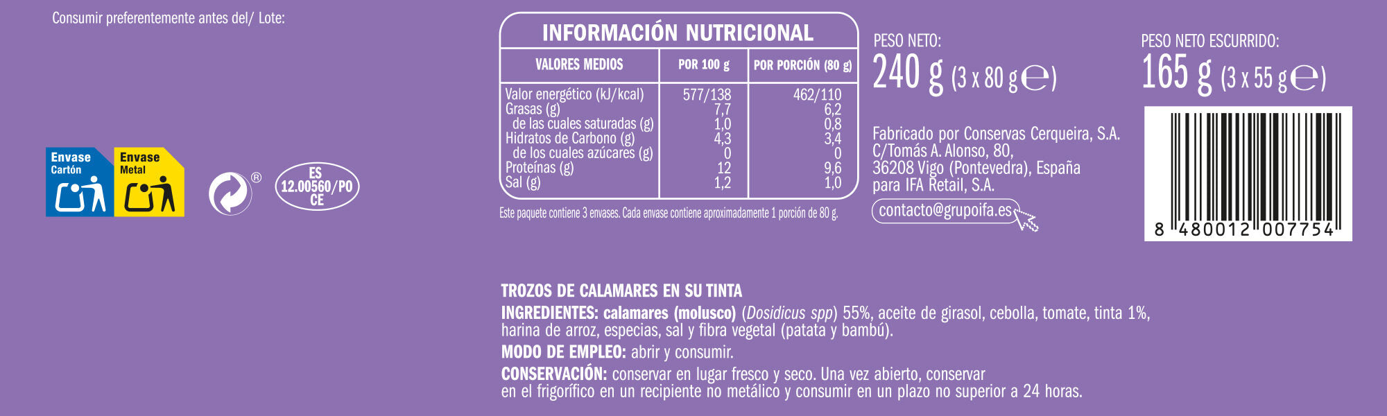 Calamar en su tinta r-85 lata Ifa eliges p3 55g/u escurr