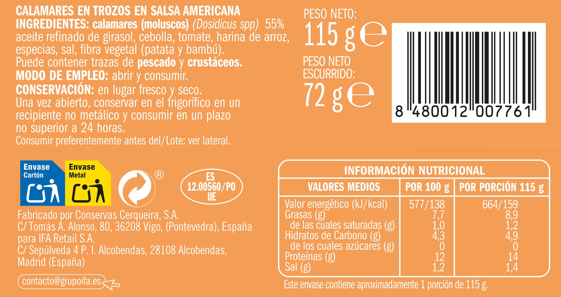 Calamar salsa americana lata Ifa eliges 72g escurr
