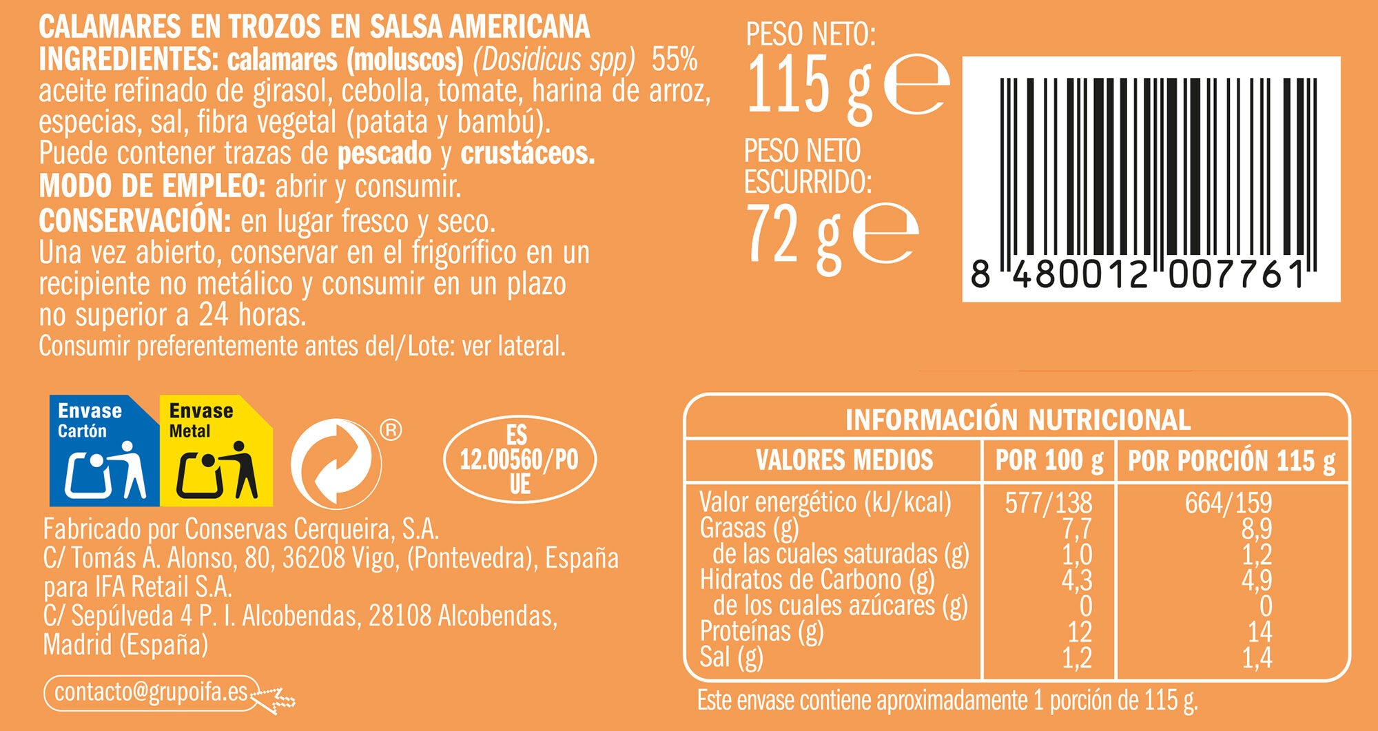Calamar salsa americana lata Ifa eliges 72g escurr