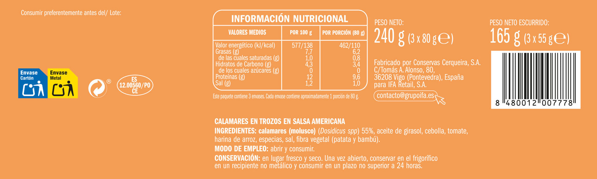 Calamar salsa americana lata Ifa eliges p3 55g/u escurr