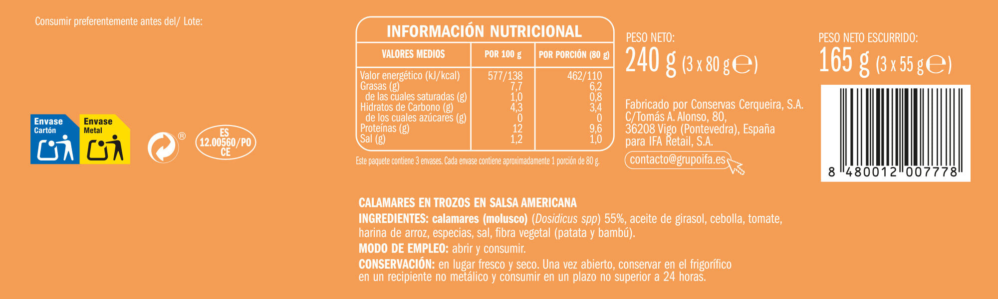 Calamar salsa americana lata Ifa eliges p3 55g/u escurr