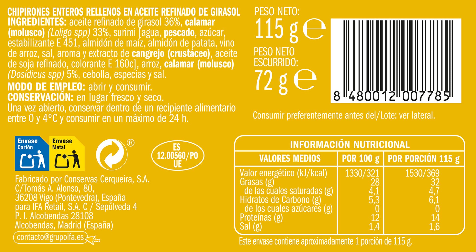 Chipiron aceite girasol lata Ifa eliges 72g escurr