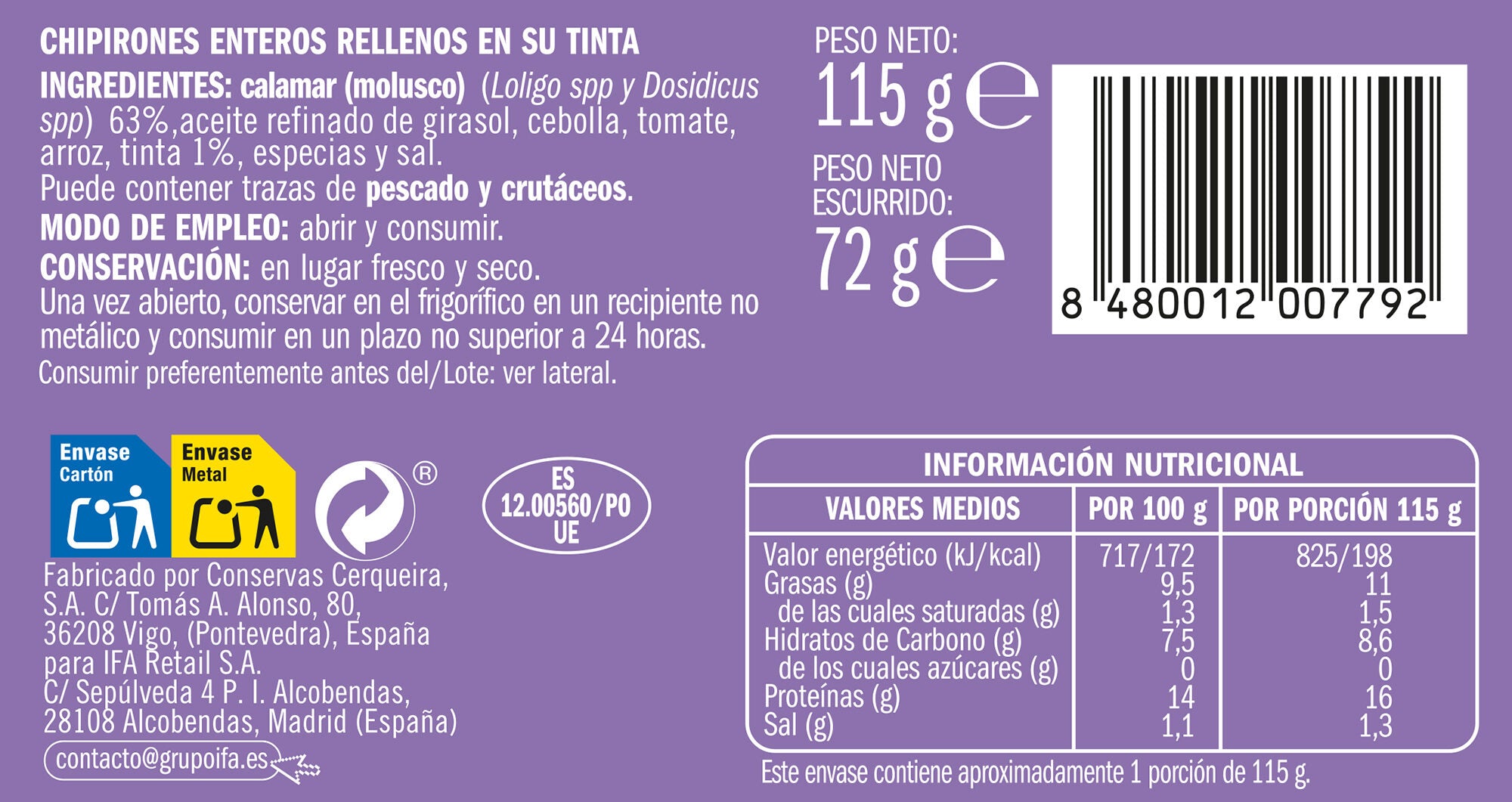 Chipiron tinta lata Ifa eliges 72g escurr