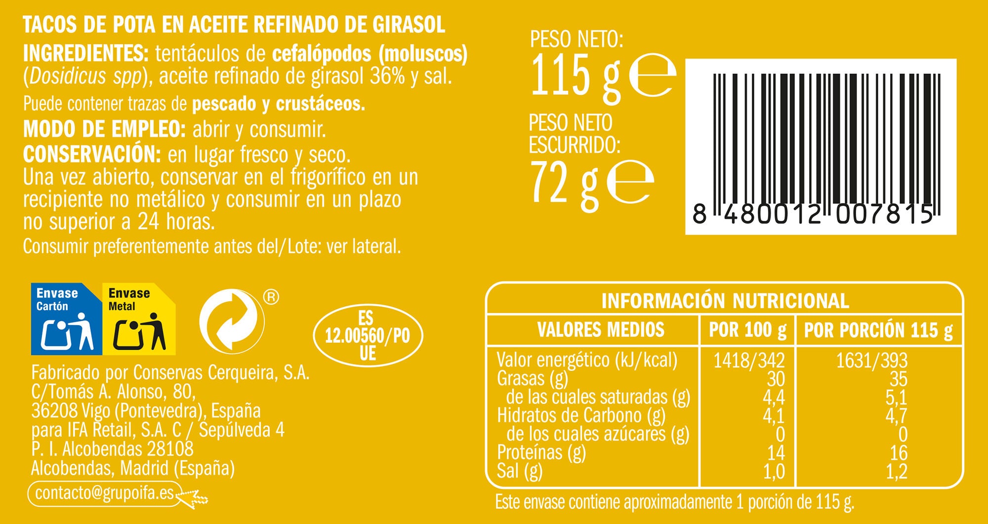 Tacos aceite girasol lata Ifa eliges 72g escurr
