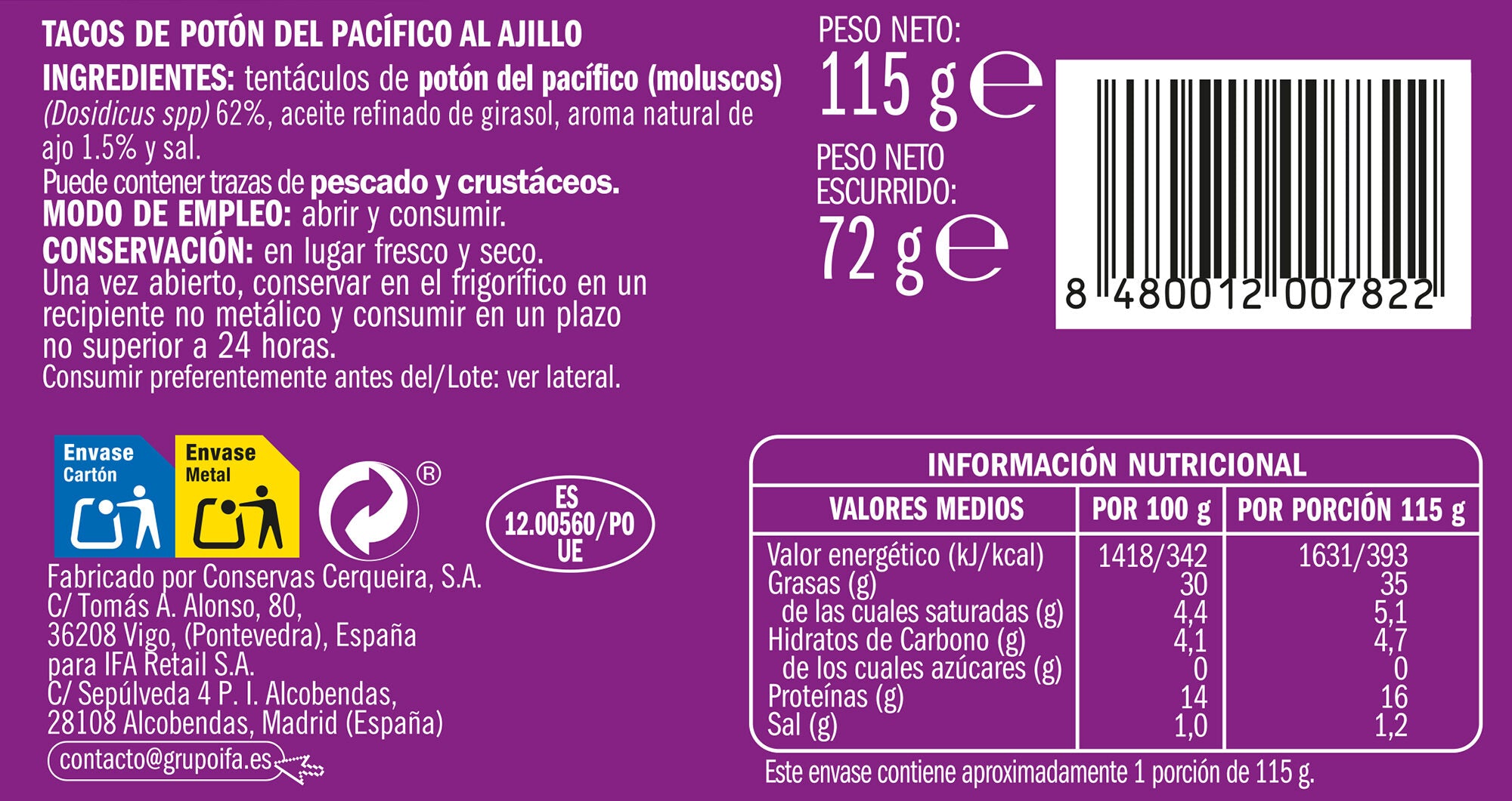 Tacos al ajillo lata Ifa eliges 72g escurr