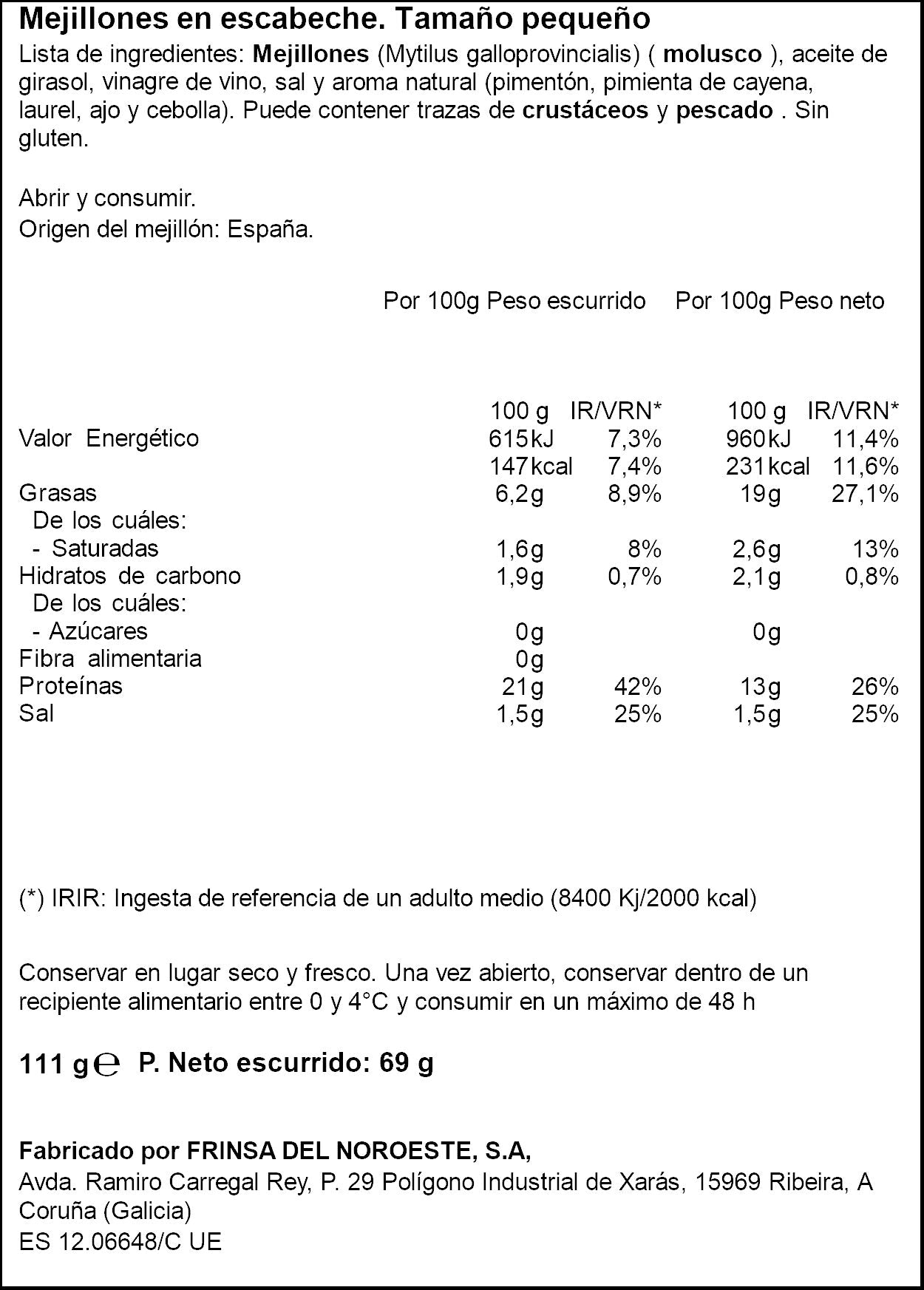 Mejillon ria gallega escabeche 25/30 ol120 Ifa eliges 69g escurr