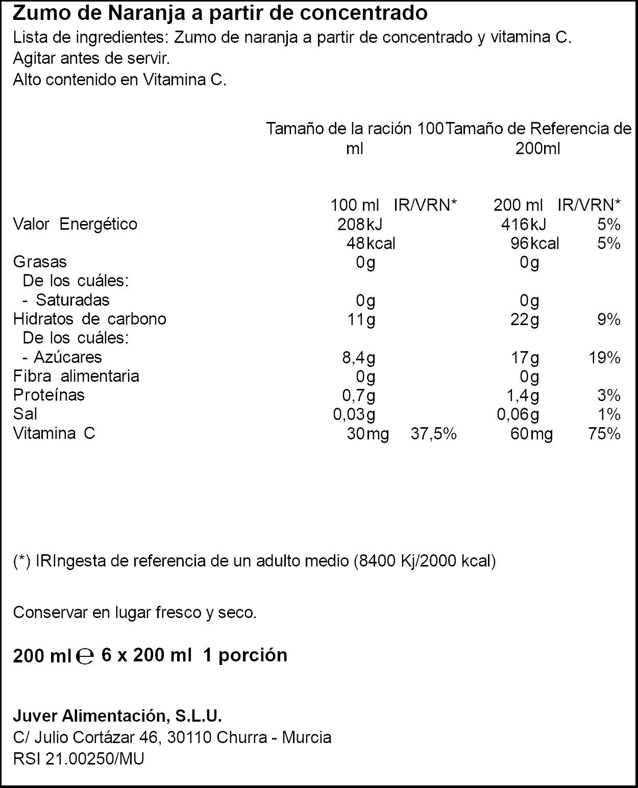 Zumo concentrado naranja Ifa eliges p6 200ml/u