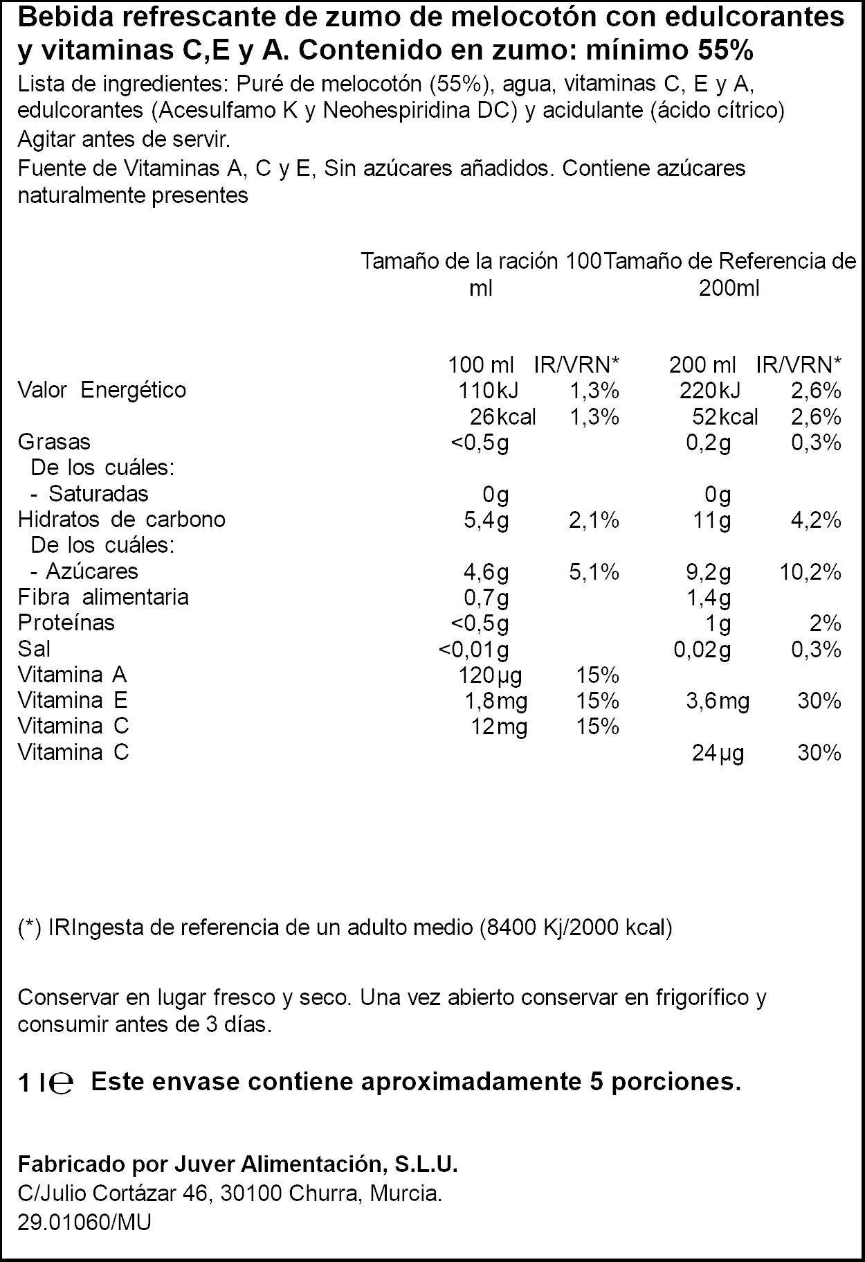 Bebida resfrec zumo melocotón Ifa eliges 1l