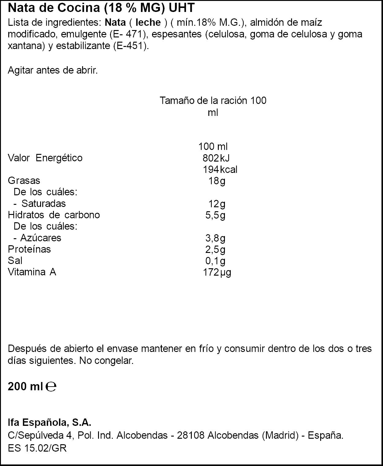 Nata para cocinar Ifa eliges 200ml