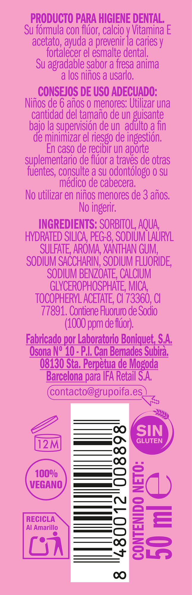Dentífrico infantil fresa Ifa unnia 50ml