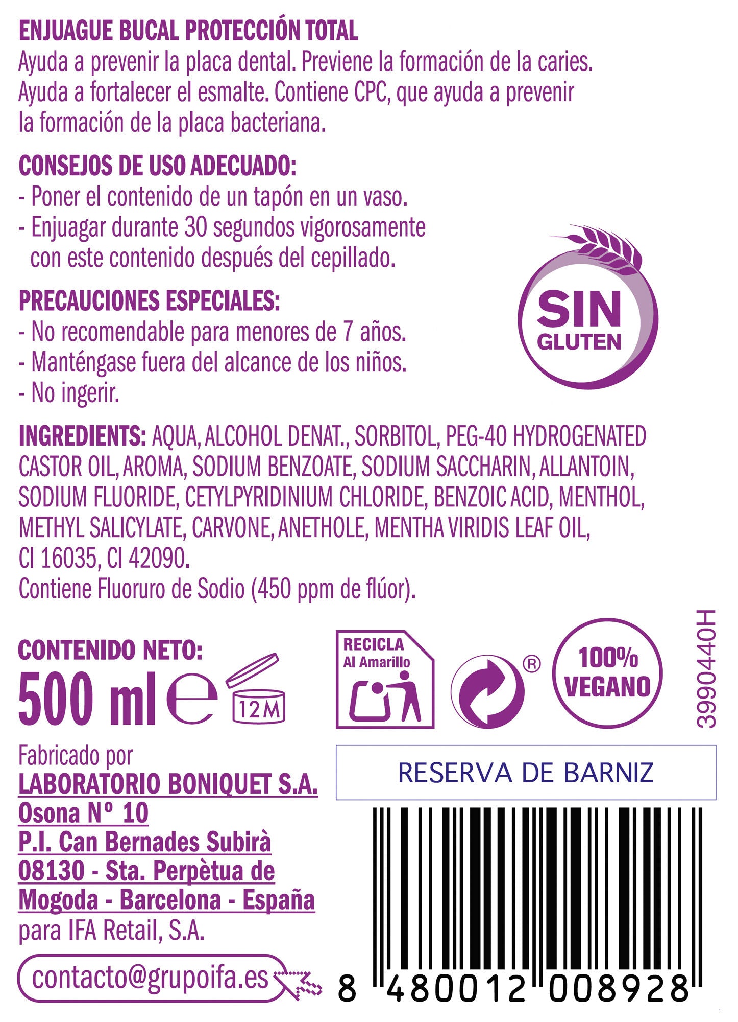 Enjuague bucal protección total Ifa unnia 500ml