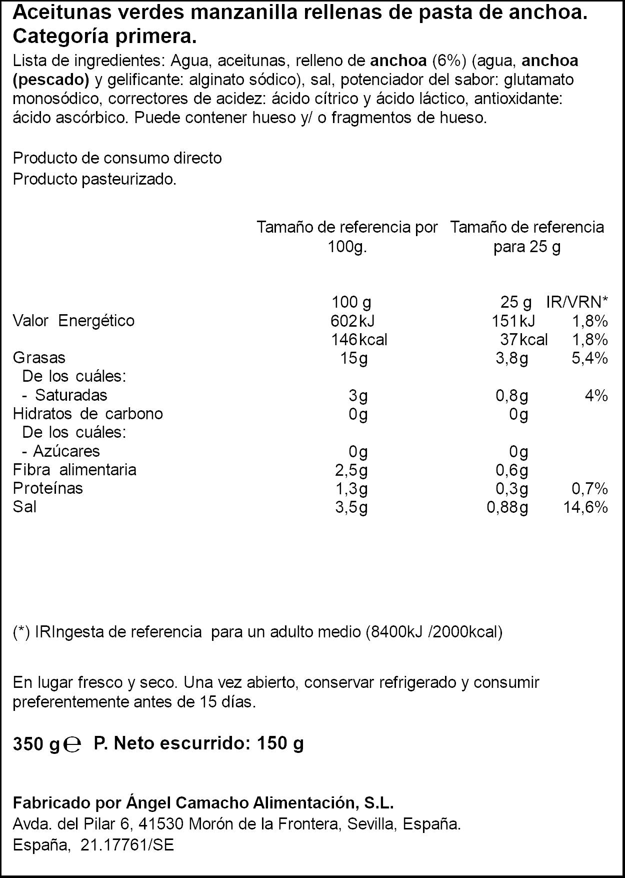 Aceituna manzanilla rellenas anchoa lata Ifa eliges 150g escurr