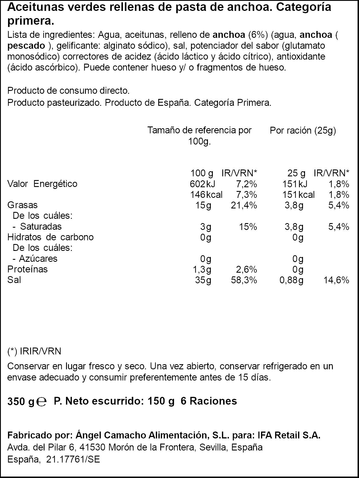Aceituna manzanilla rellenas anchoa gigantes Ifa eliges 150g escurr