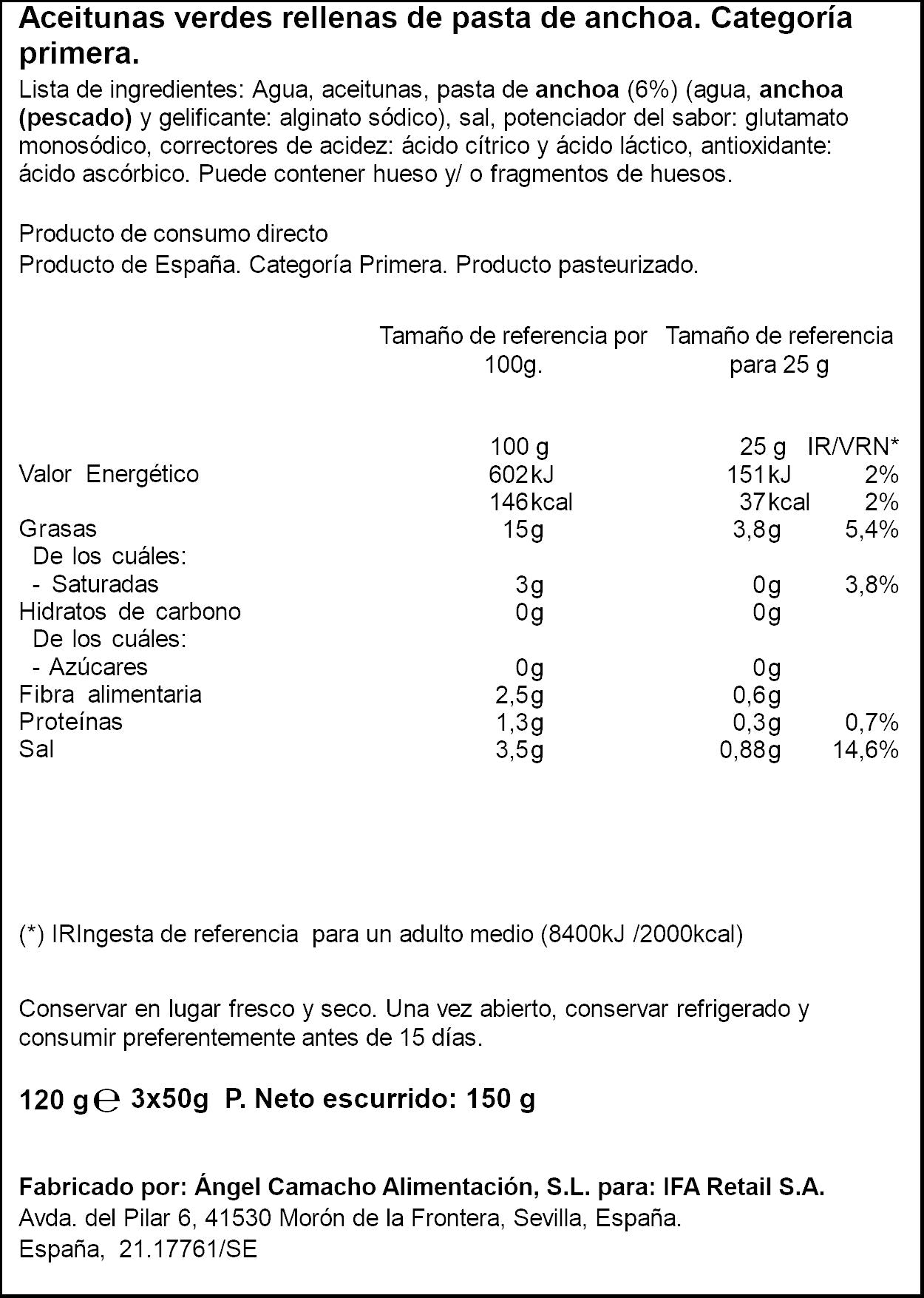 Aceituna manzanilla rellena Ifa eliges  p3x50g escurr