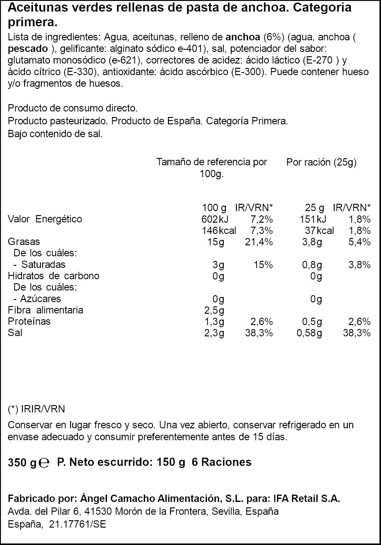 Aceituna manzanilla rellena anchoa -35% sal Ifa eliges 150g escurr