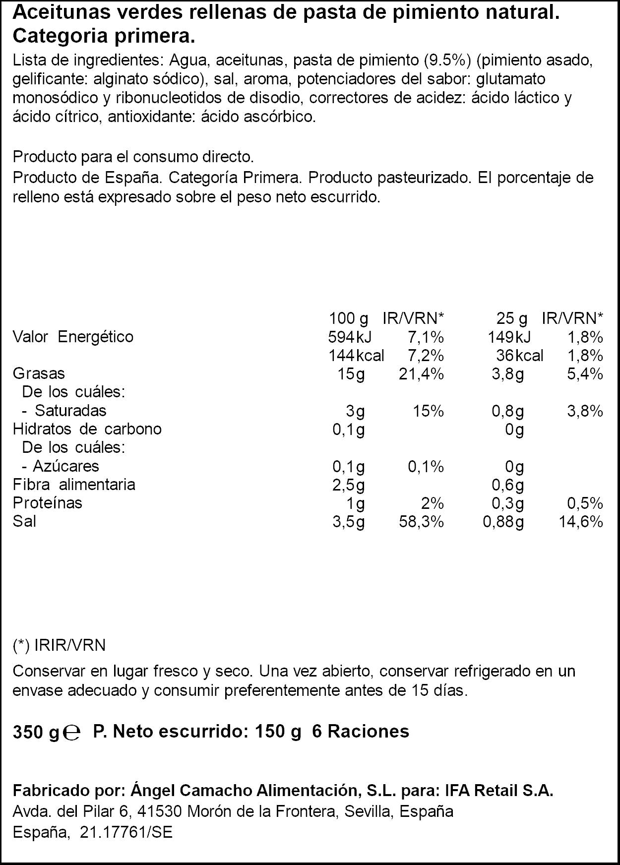 Aceituna verde rell pimiento asado  lata Ifa eliges 150g escurr
