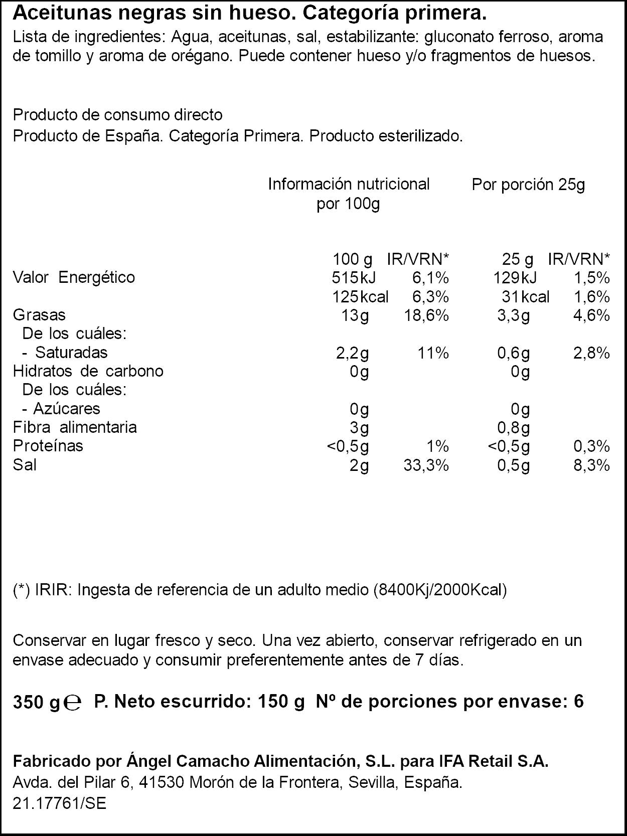 Aceituna negra s/hueso lata Ifa eliges 150g escurr