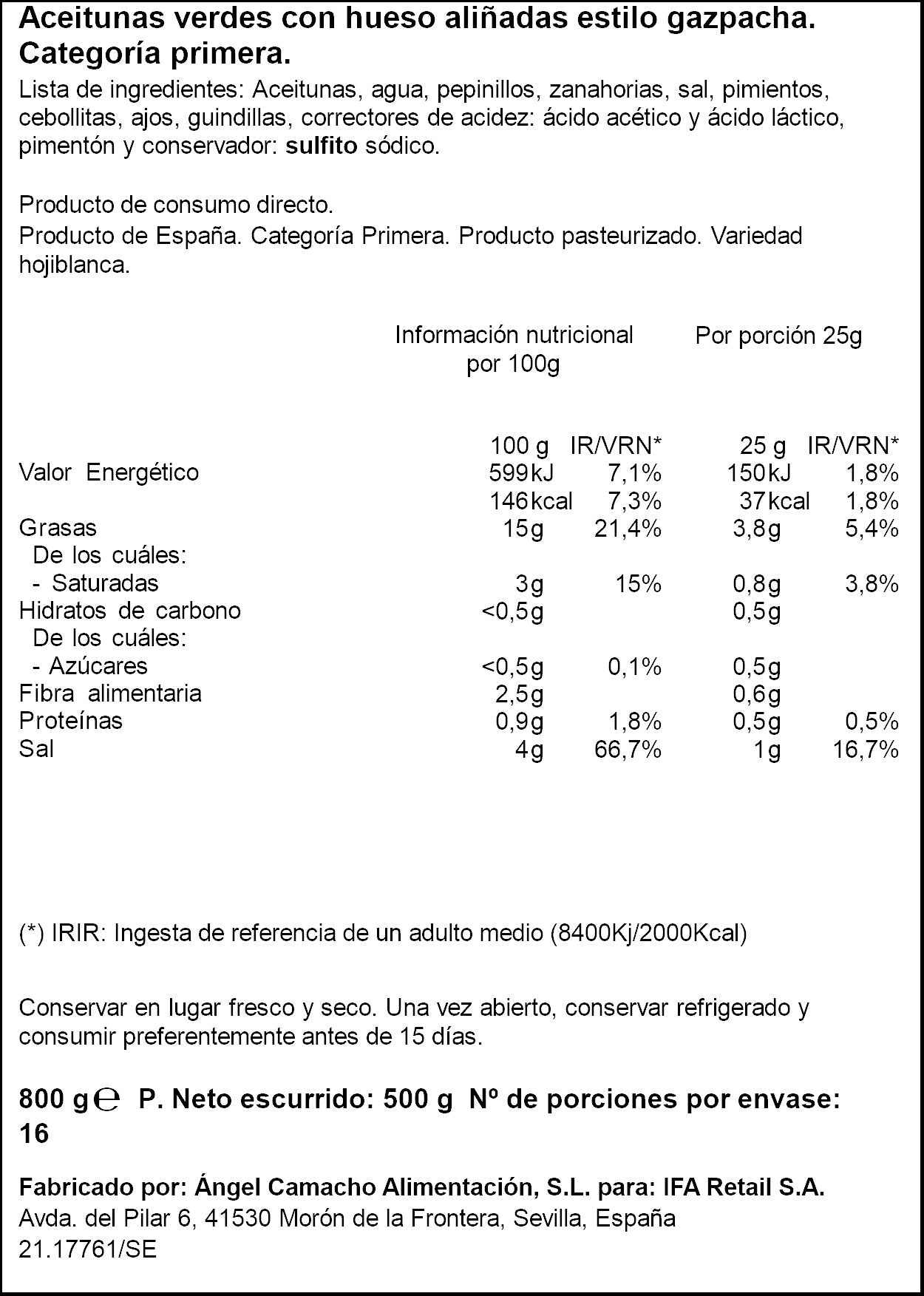 Aceituna manzanilla gazpacha c/hueso barril Ifa eliges 500g escurr