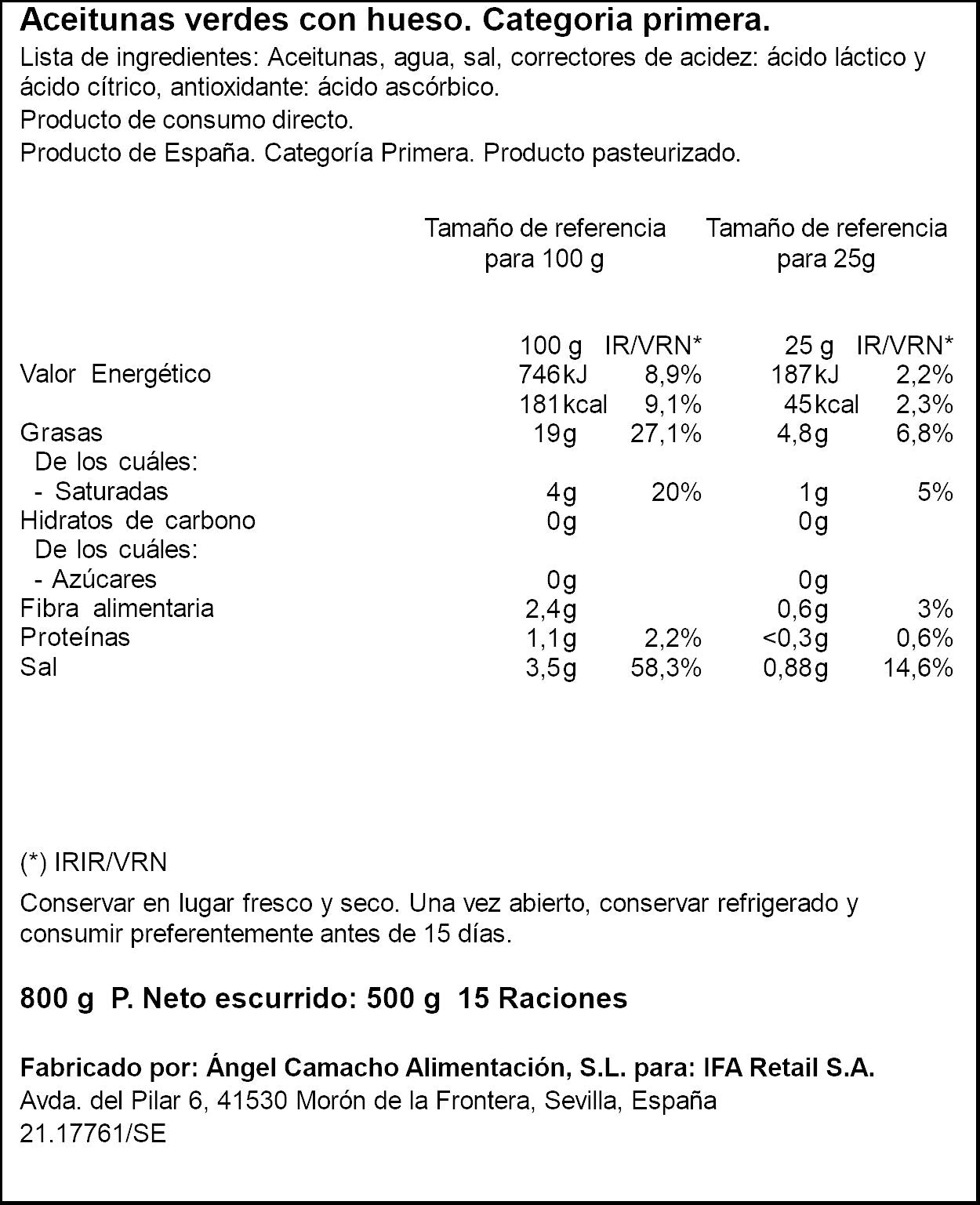 Aceituna verde c/hueso barril Ifa eliges 500g escurr