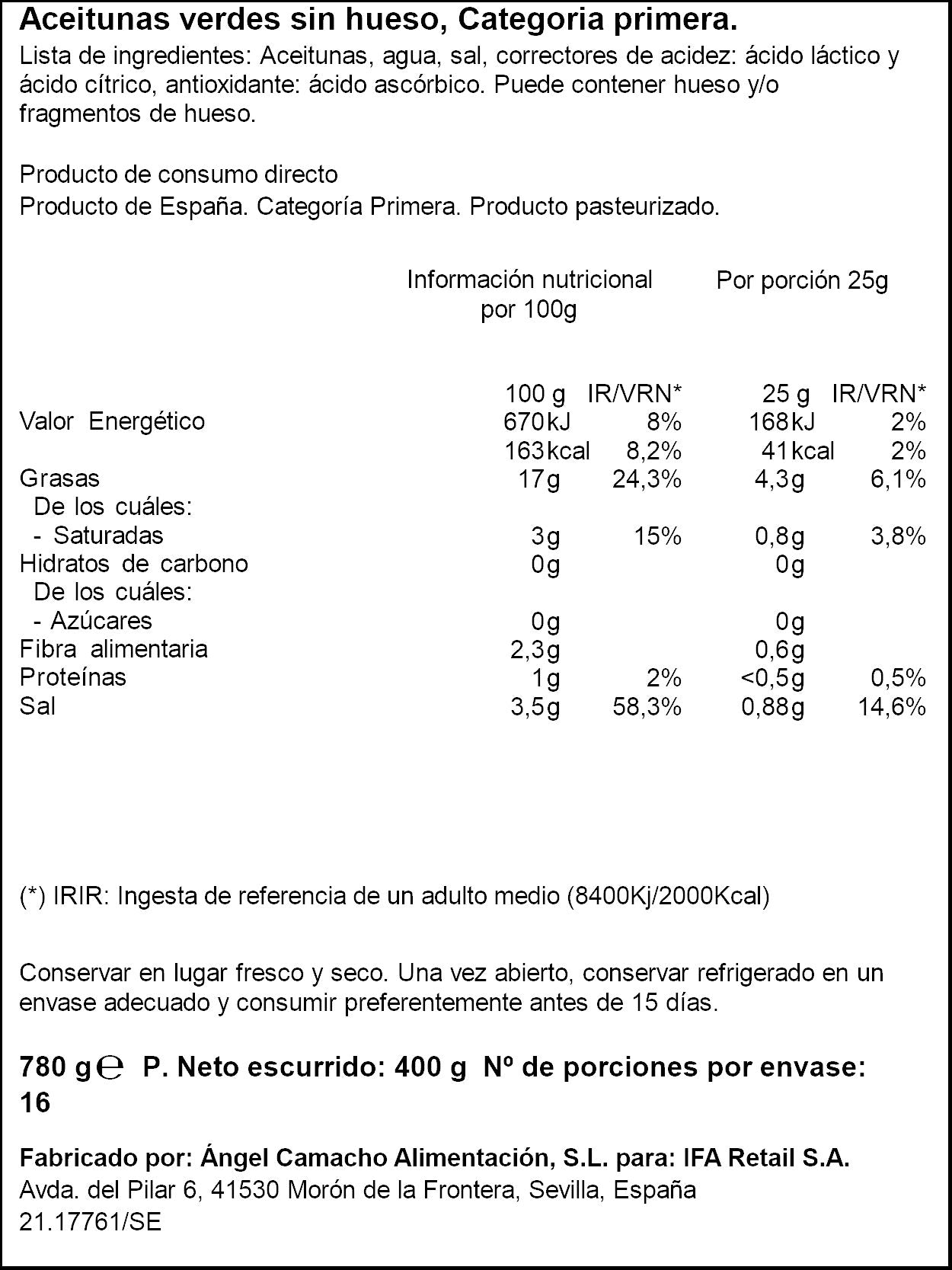 Aceituna manzanilla s/hueso barril Ifa eliges 400g escurr
