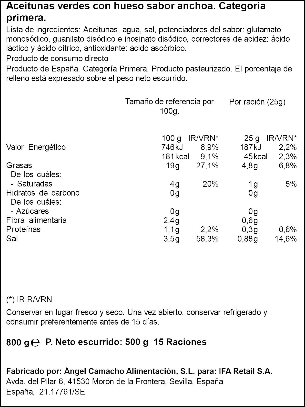Aceituna verde sabor anchoa Ifa eliges 500g escurr