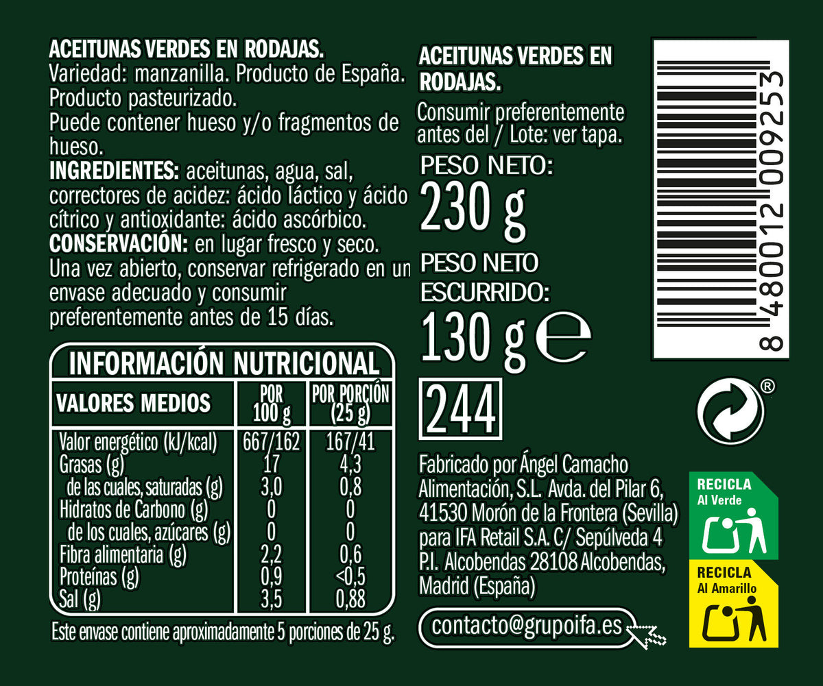 Aceituna manzanilla rodaja frasco Ifa eliges 130g escurr