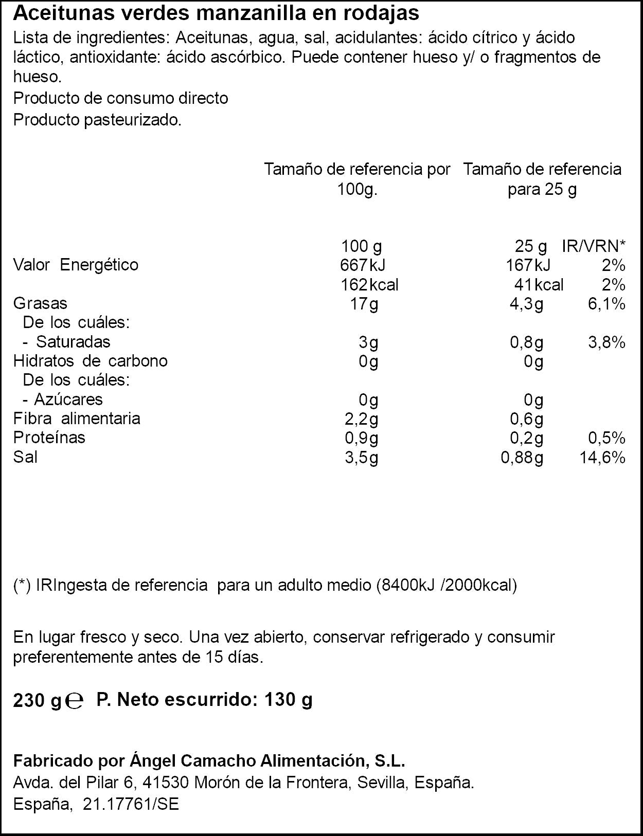 Aceituna manzanilla rodaja frasco Ifa eliges 130g escurr