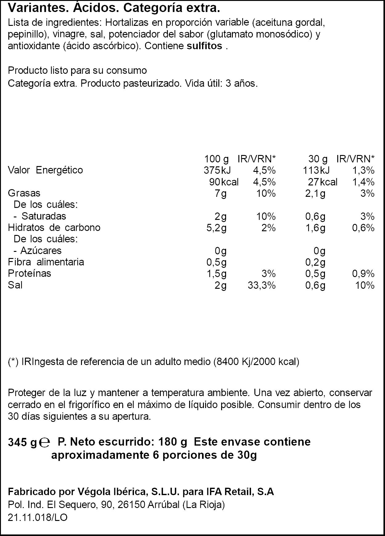 Aceituna gordal c/pepinillo cristal Ifa eliges 180g escurr