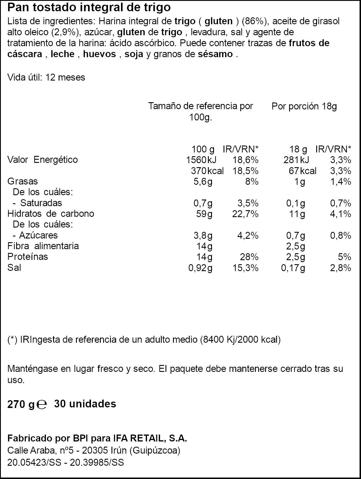 Biscote integral Ifa eliges 30r 270g