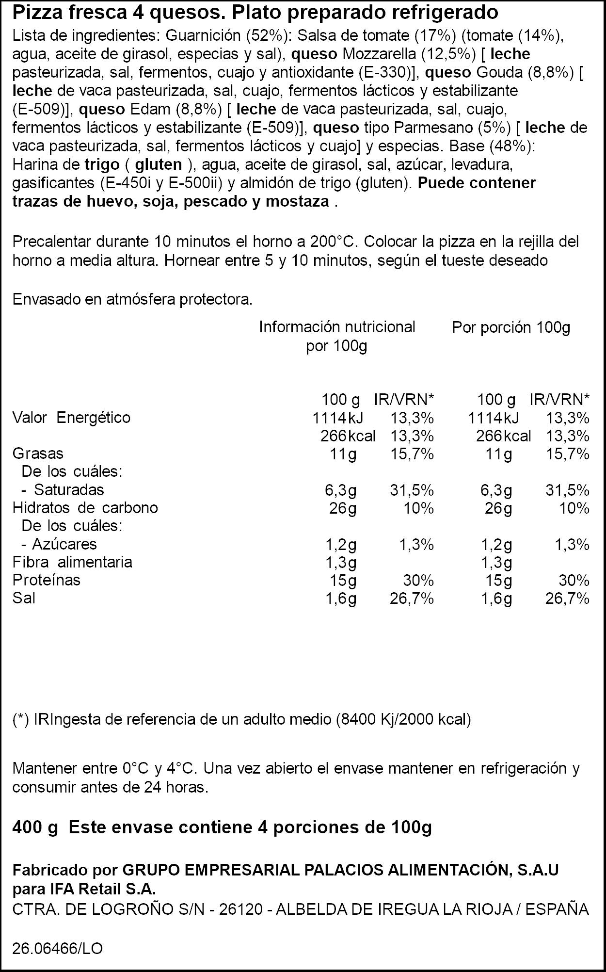 Pizza fresca 4 quesos Ifa eliges 400g