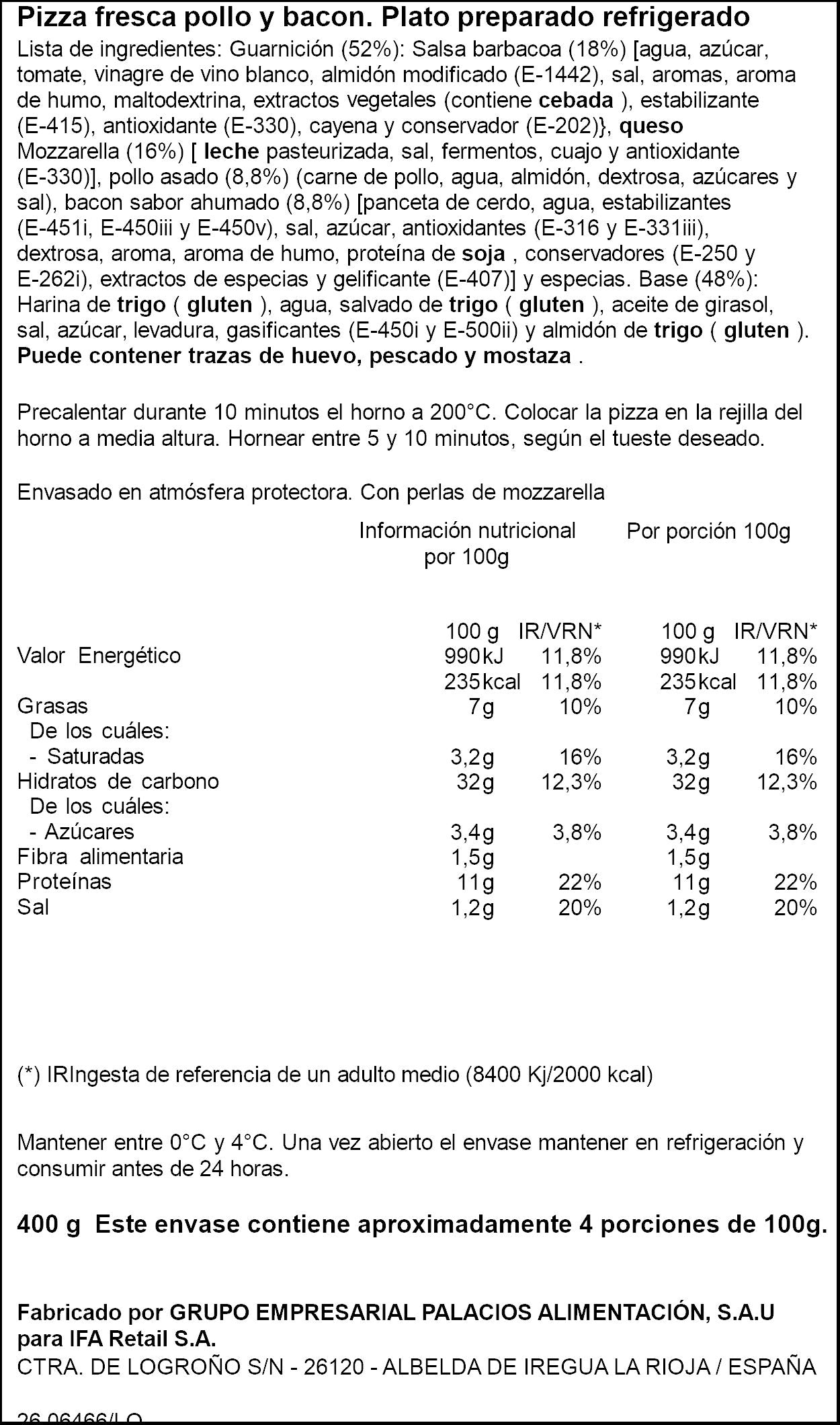 Pizza fresca pollo/bacon Ifa eliges 400g
