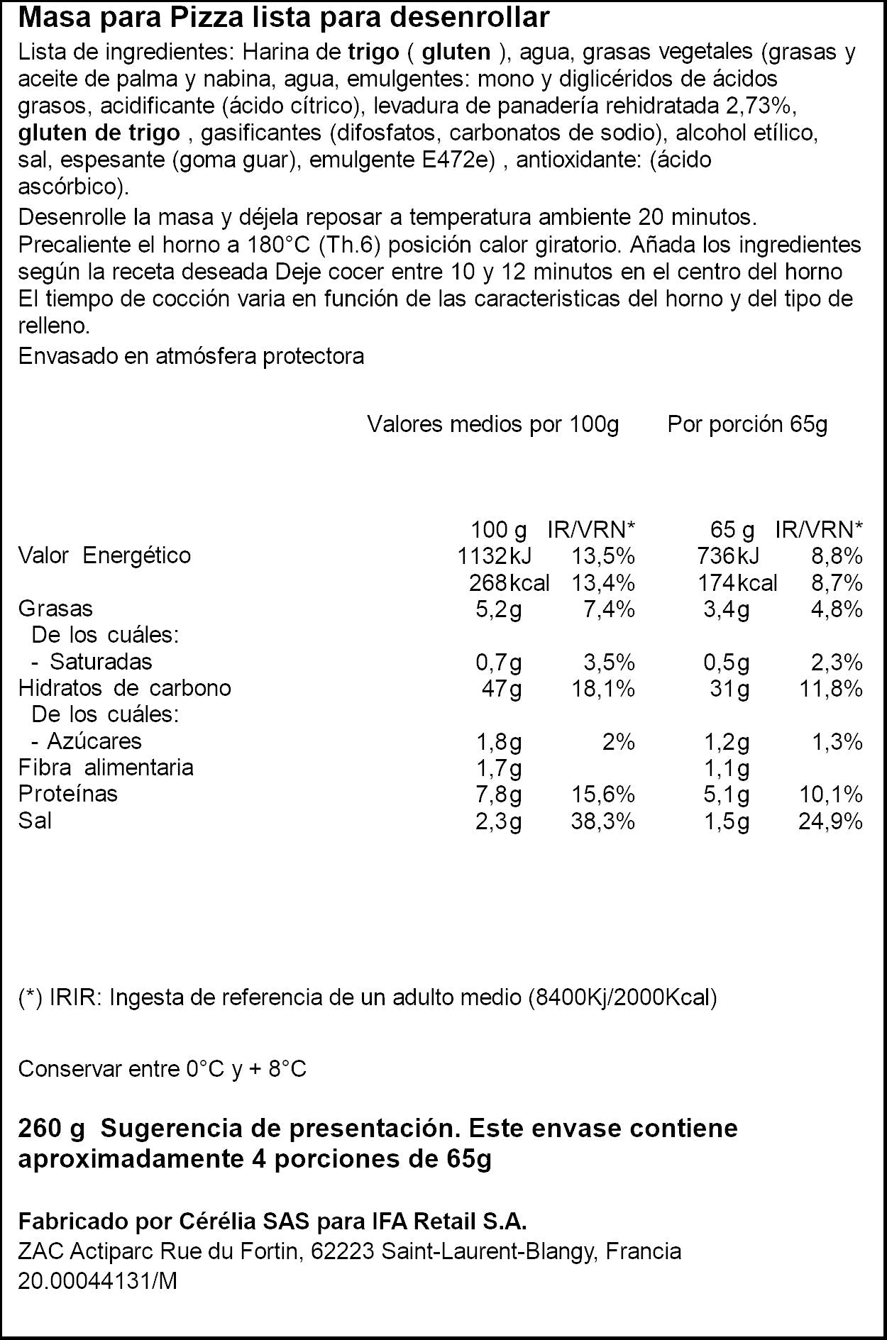 Masa pizza refrigerada enrollada Ifa eliges 230g