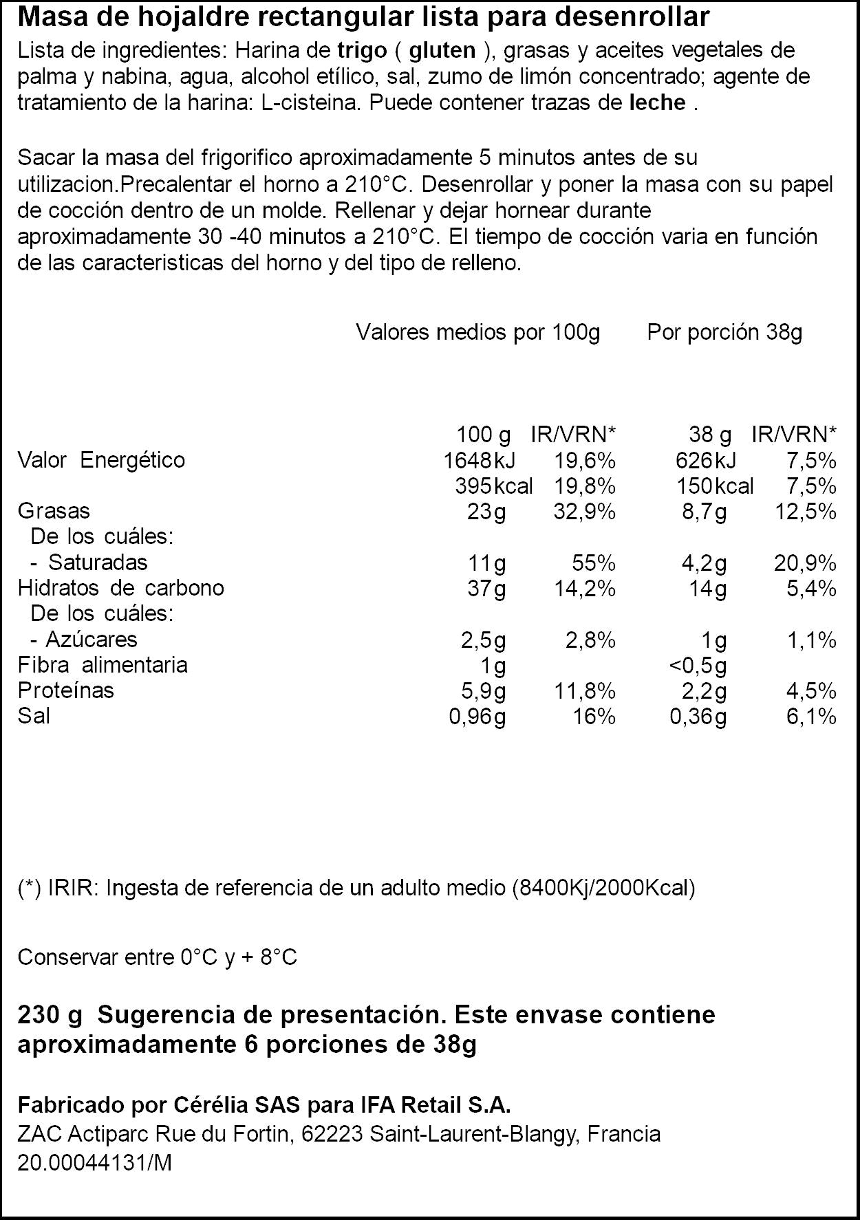 Masa hojaldre refrigerada enrollada Ifa eliges 230g