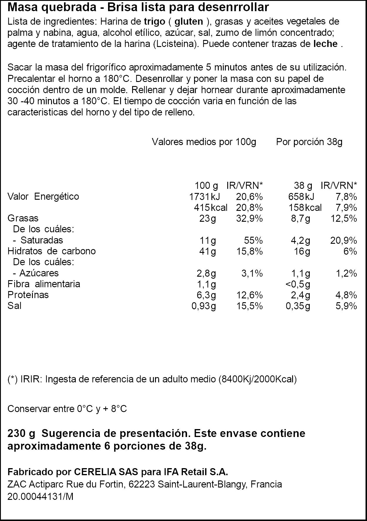 Masa brisa refrigerada enrollada Ifa eliges 230g