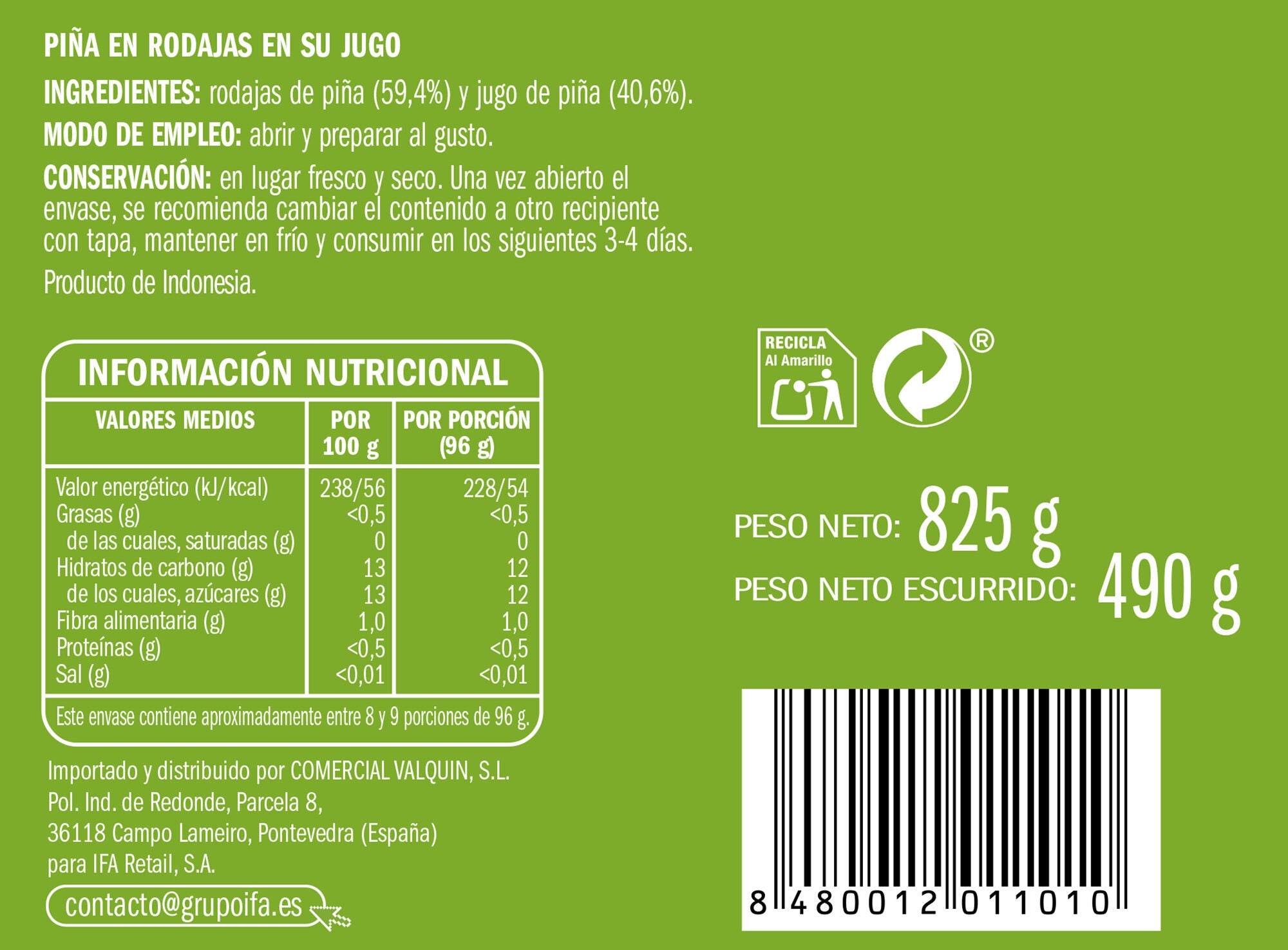 Piña rodaja en su jugo Ifa eliges 490g escurr