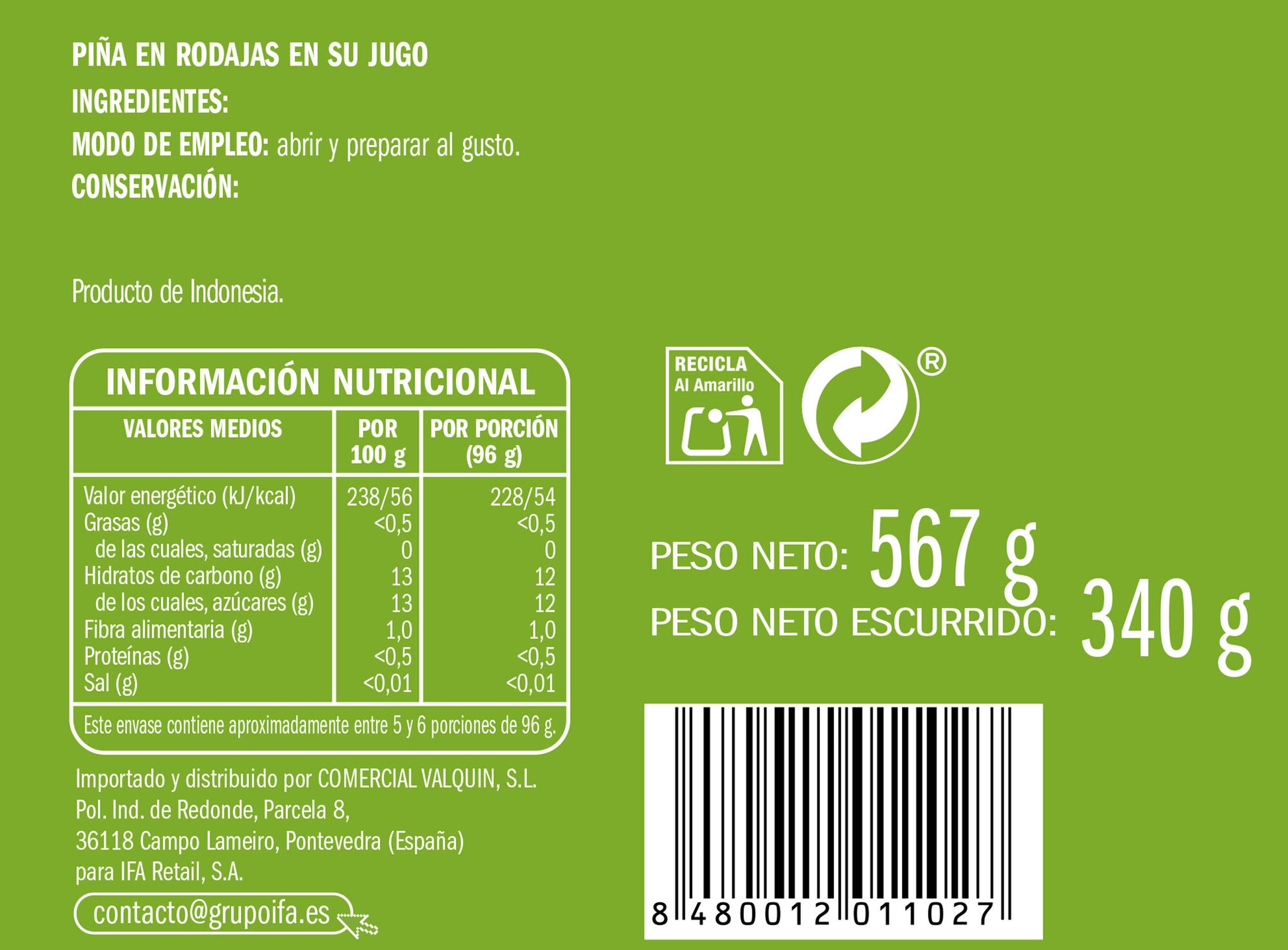 Piña rodaja en su jugo Ifa eliges 340g escurr