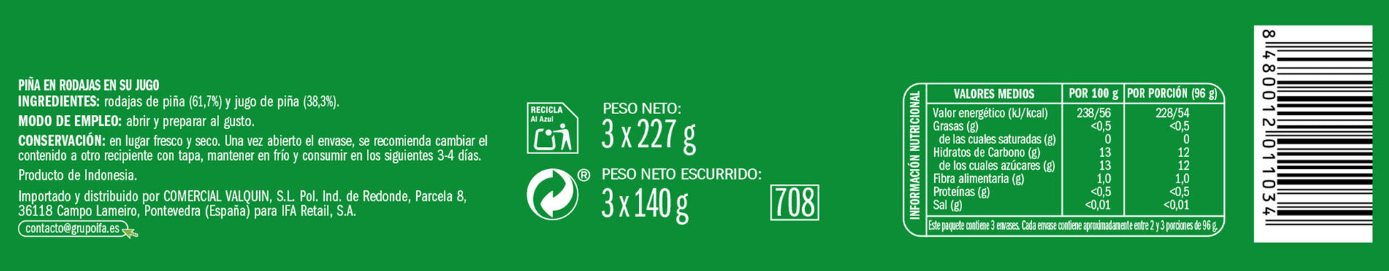 Piña rodaja en su jugo Ifa eliges p3 137g/u escurr