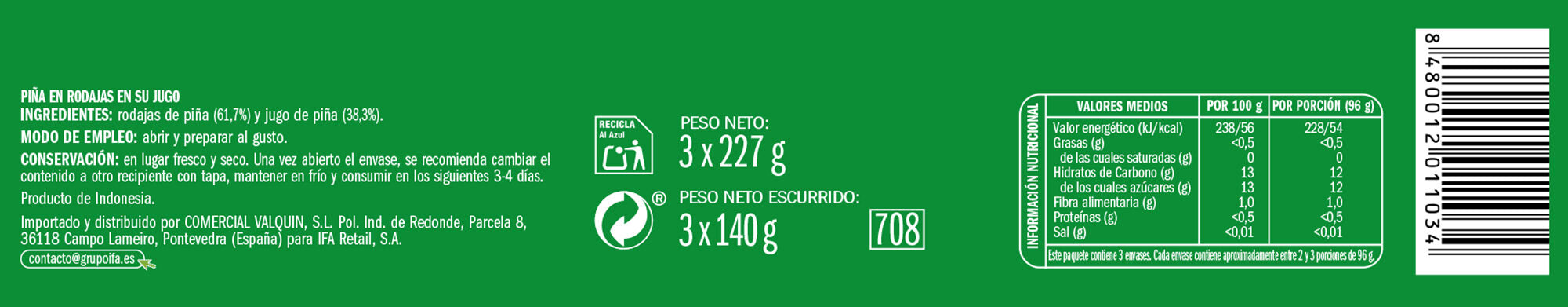 Piña rodaja en su jugo Ifa eliges p3 137g/u escurr