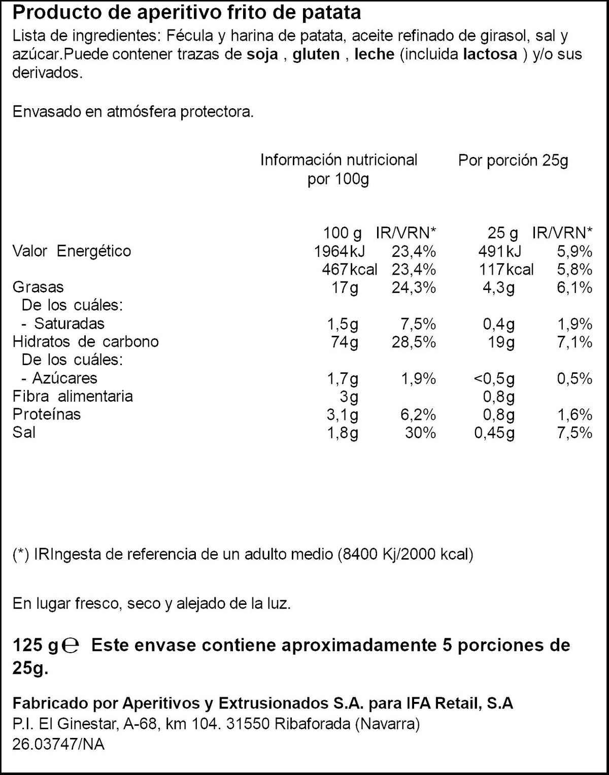Patata frita chips ligera Ifa eliges 125g