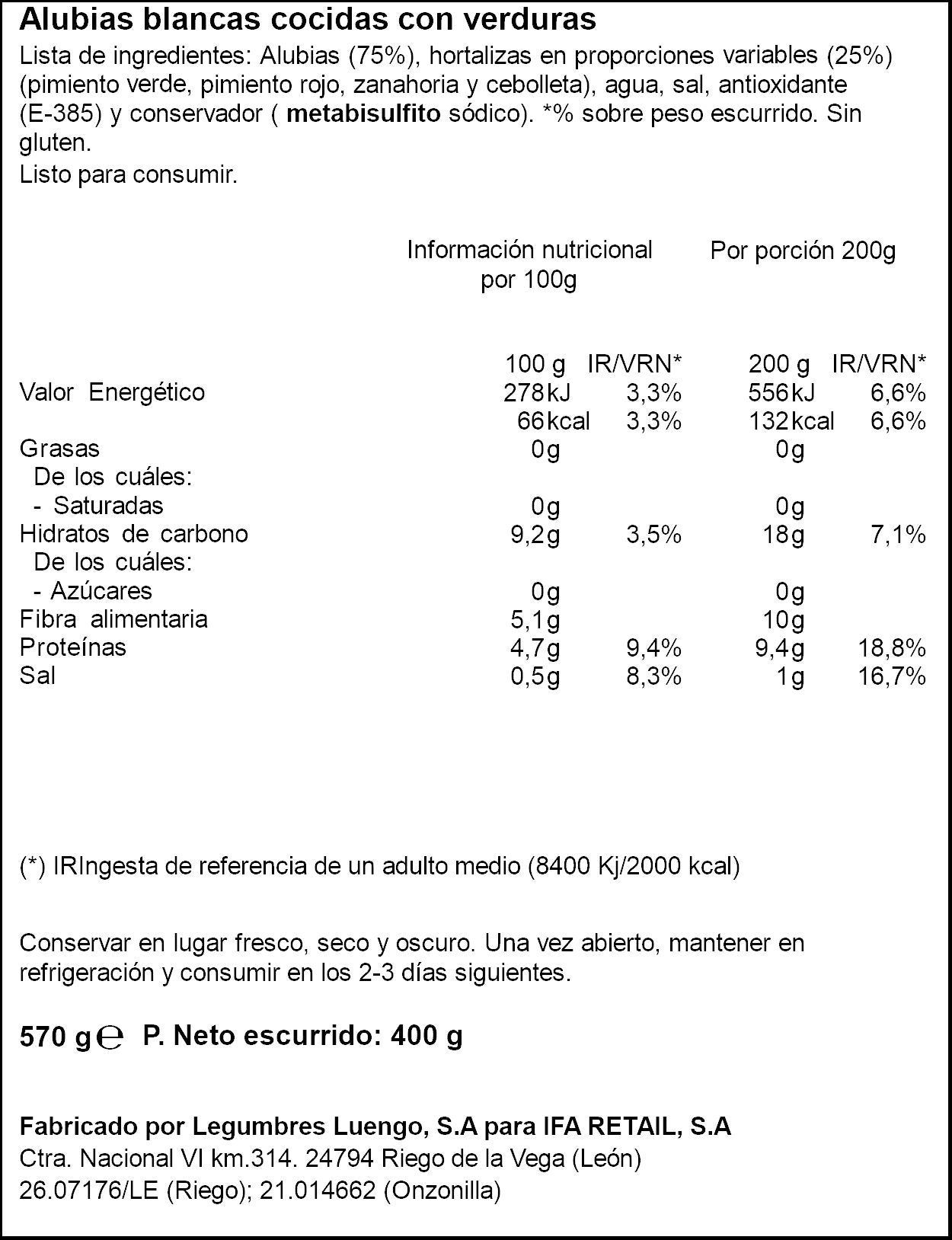 Alubia cocida c/verdura cristal Ifa eliges 400g escurr