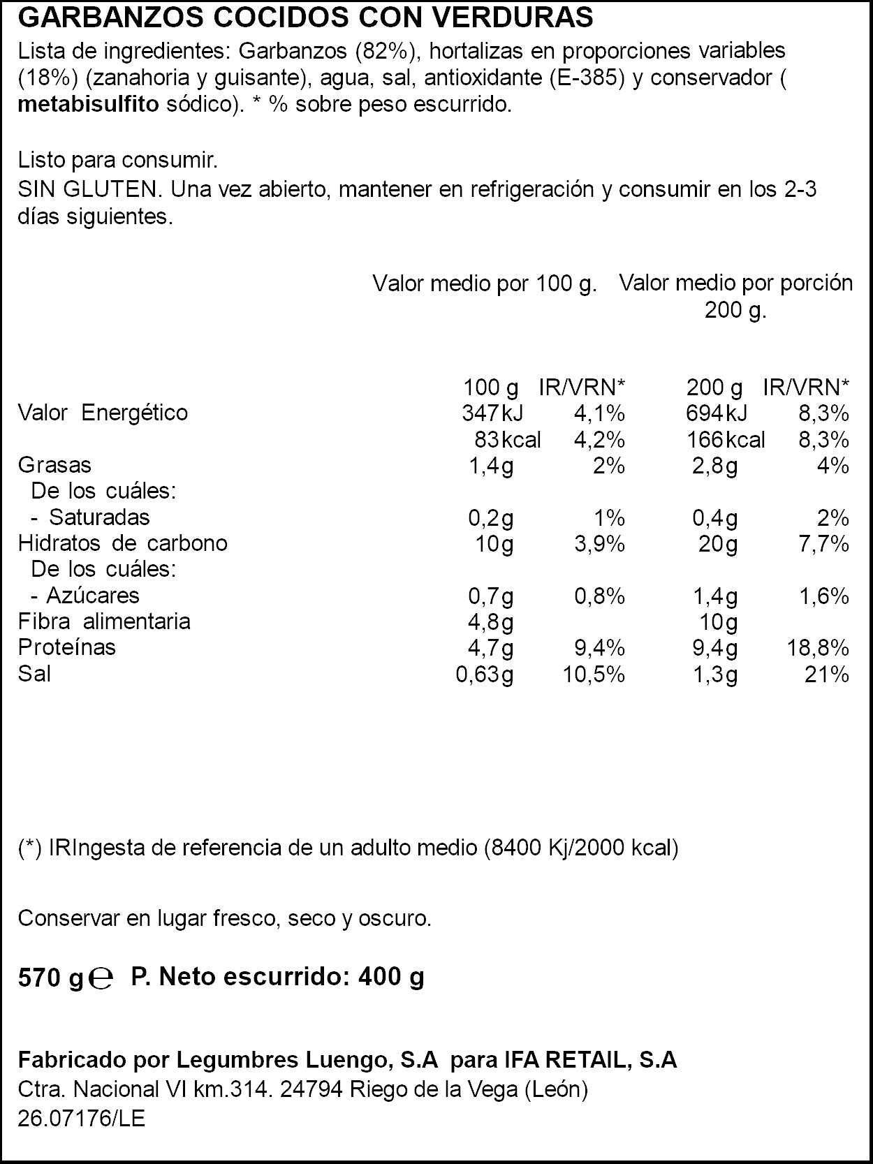Garbanzo cocido c/verdura cristal Ifa eliges 400g escurr